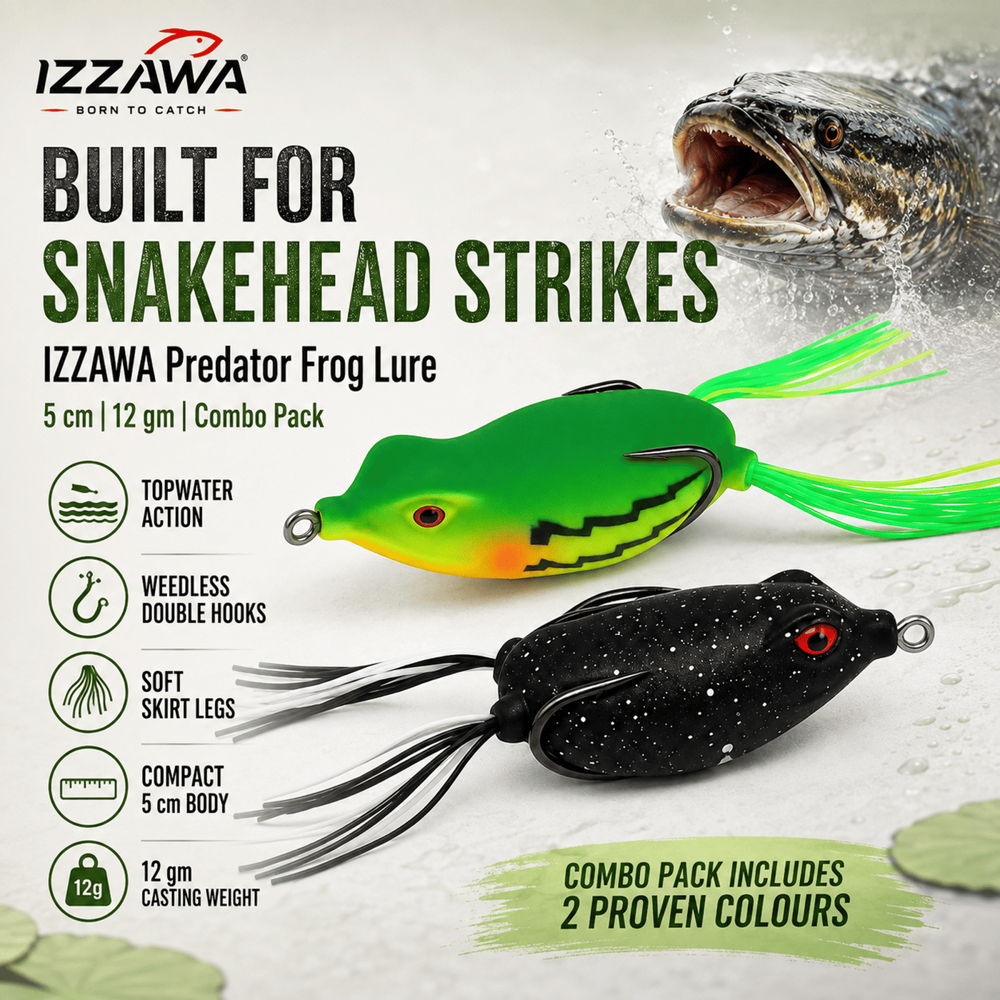 IZZAWA Predator Frog Lure Combo – 5cm 12g Pack of 2 for Snakehead Fishing