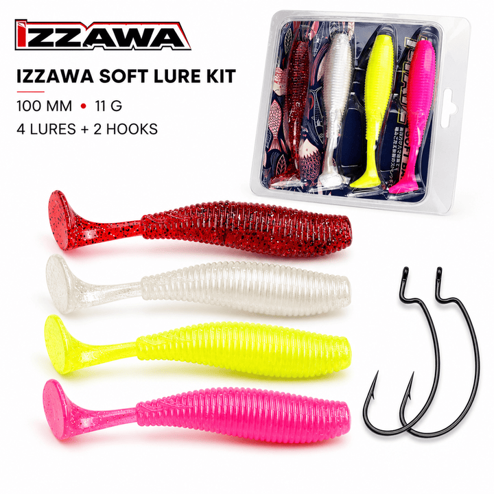 IZZAWA Soft Paddle-Tail Lure Kit - Pack of 4 with 2 Hooks