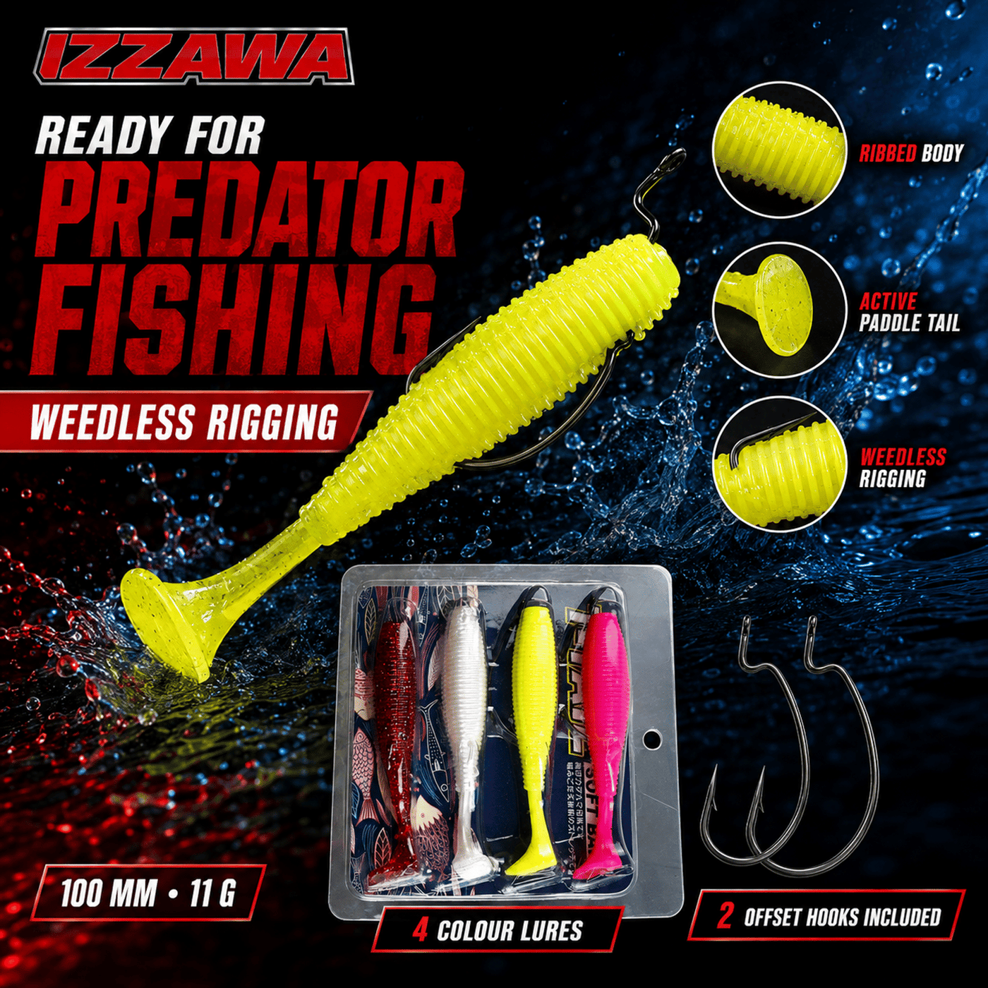 IZZAWA Soft Paddle-Tail Lure Kit - Pack of 4 with 2 Hooks