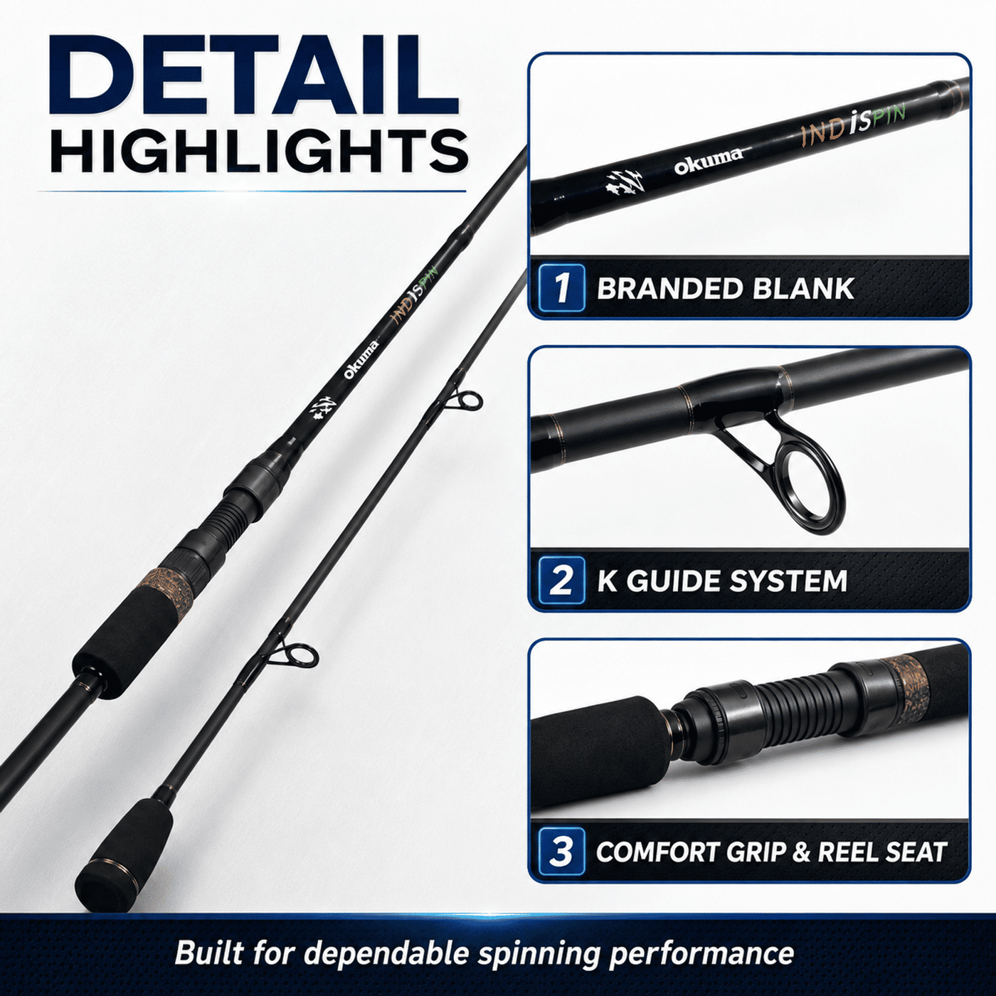 Okuma IndiSpin Spinning Fishing Rod 7ft - 10 Ft Heavy – Special Carbon 2 Piece Rod