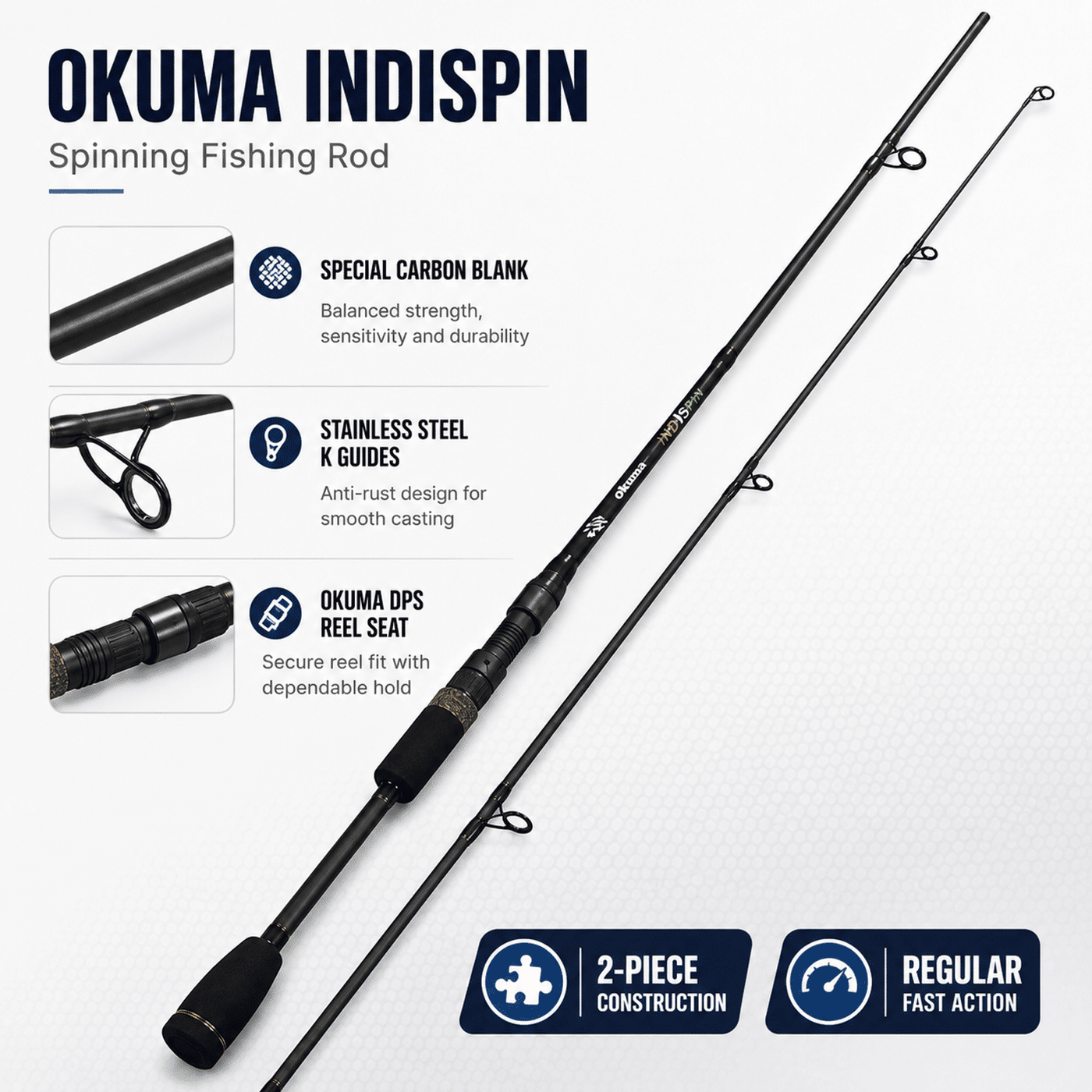 Okuma IndiSpin Spinning Fishing Rod 7ft - 10 Ft Heavy – Special Carbon 2 Piece Rod