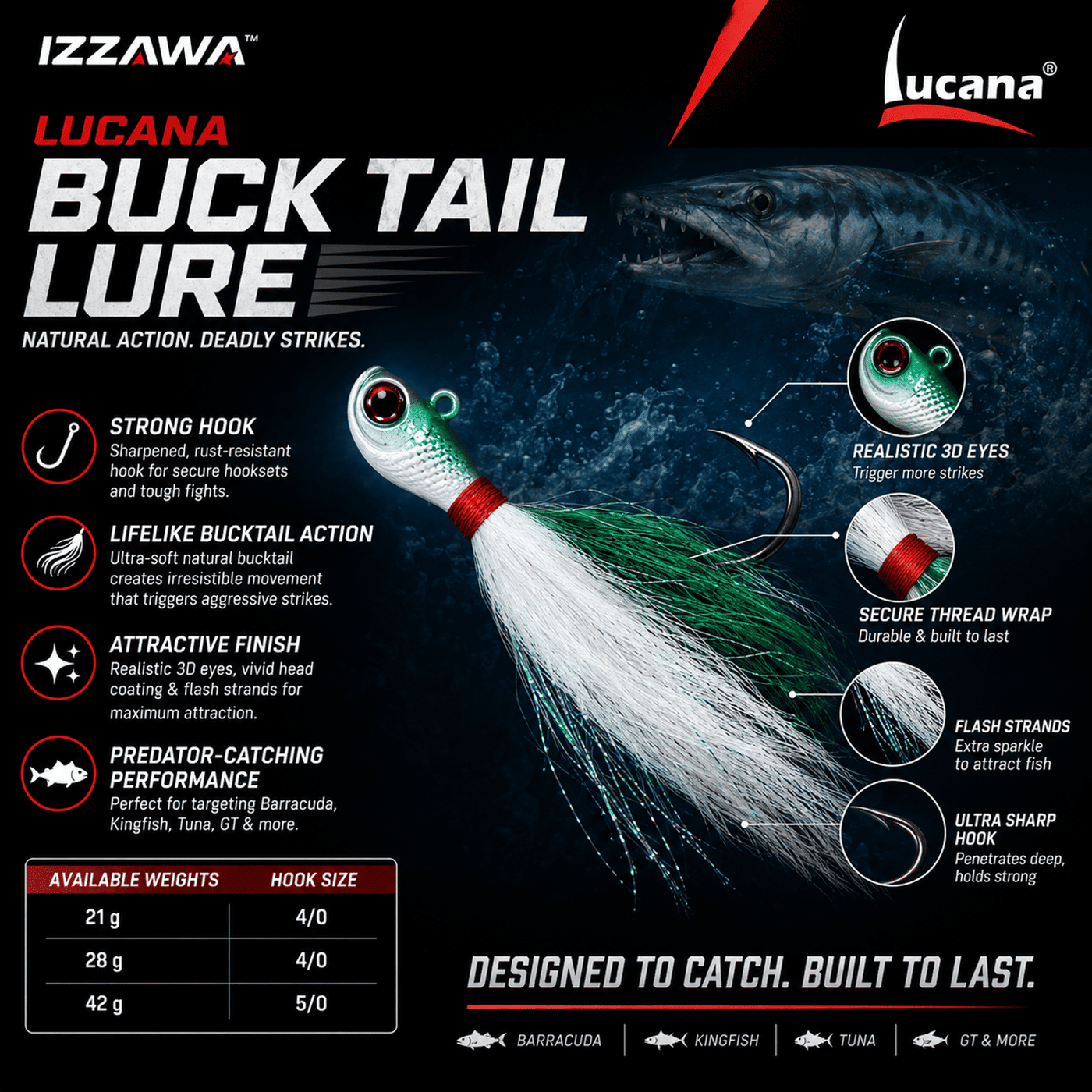 Lucana Buck Tail Lure 42gm 5/0 - Pack of Any 1