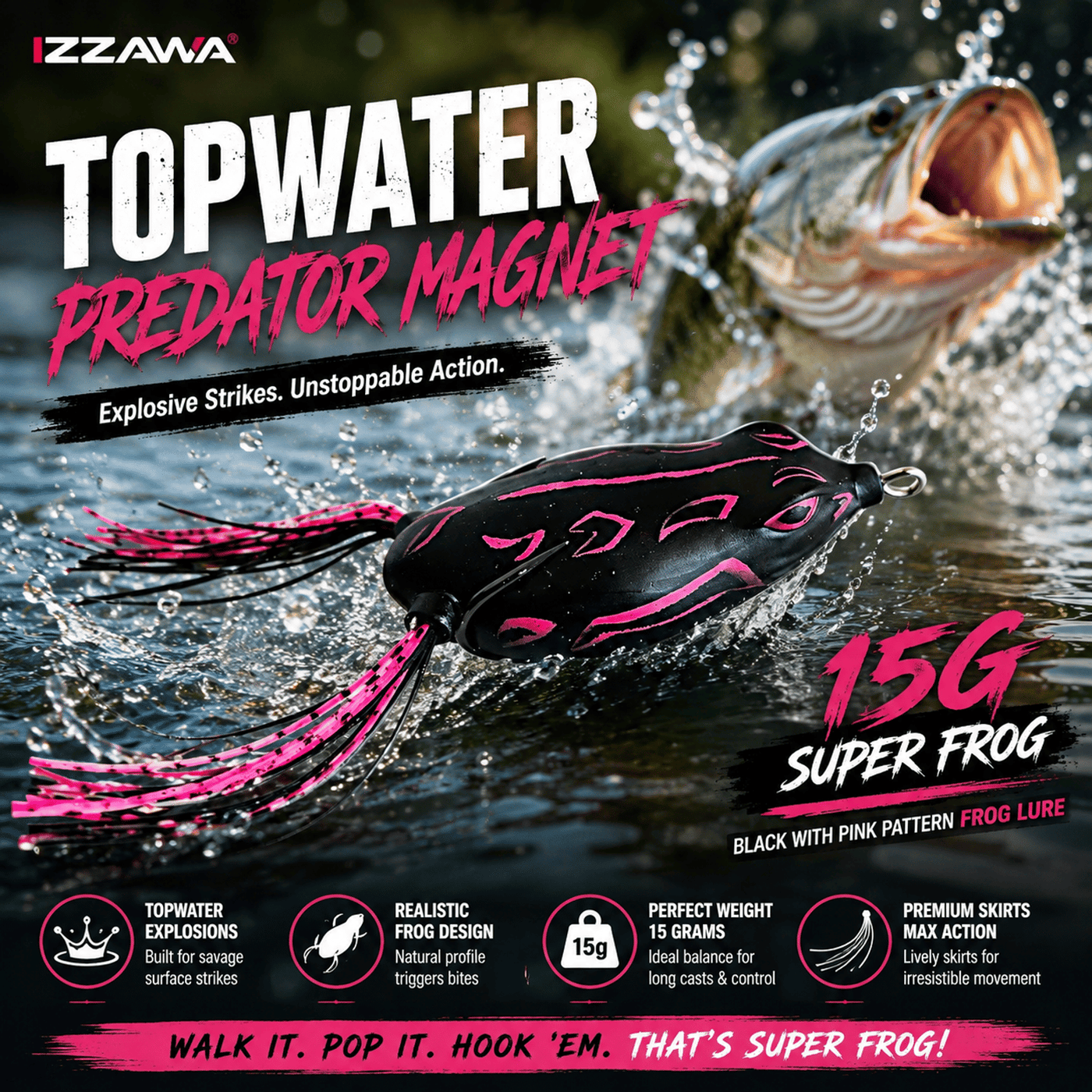 IZZAWA Super Frog Black with Pink Pattern Frog Lure 15g | Pack of 1