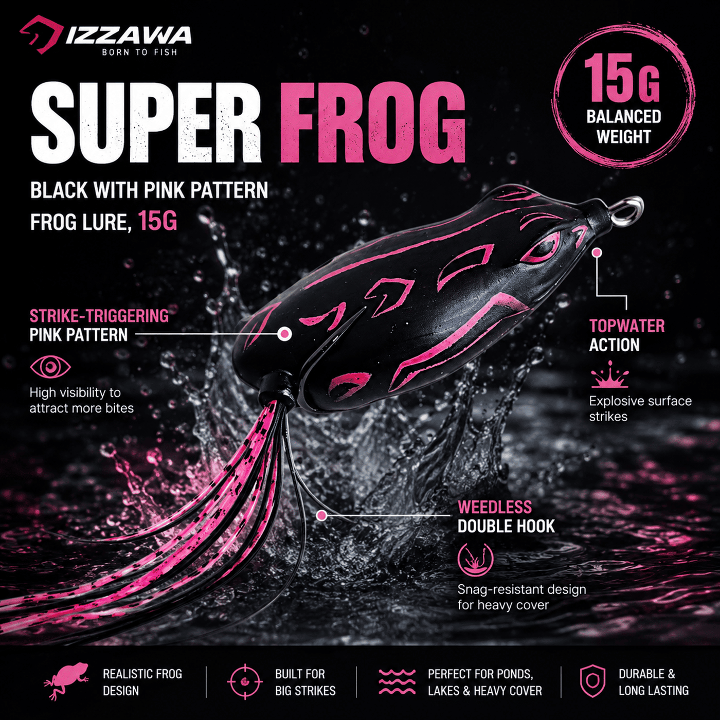 IZZAWA Super Frog Black with Pink Pattern Frog Lure 15g | Pack of 1