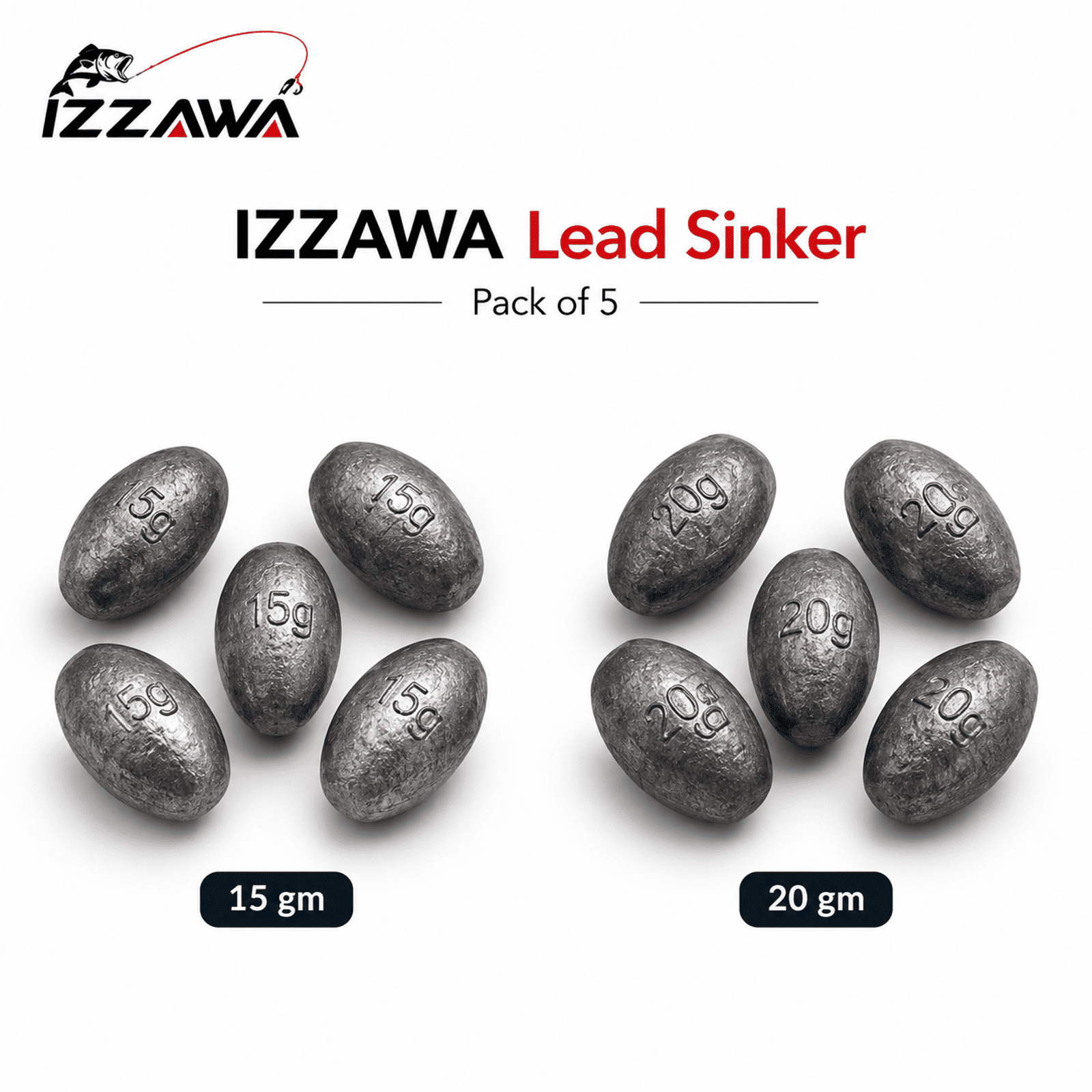 IZZAWA Lead Sinker 1gm, 2gm, 3gm, 4gm, 5gm, 15gm & 20gm | Pack of 5