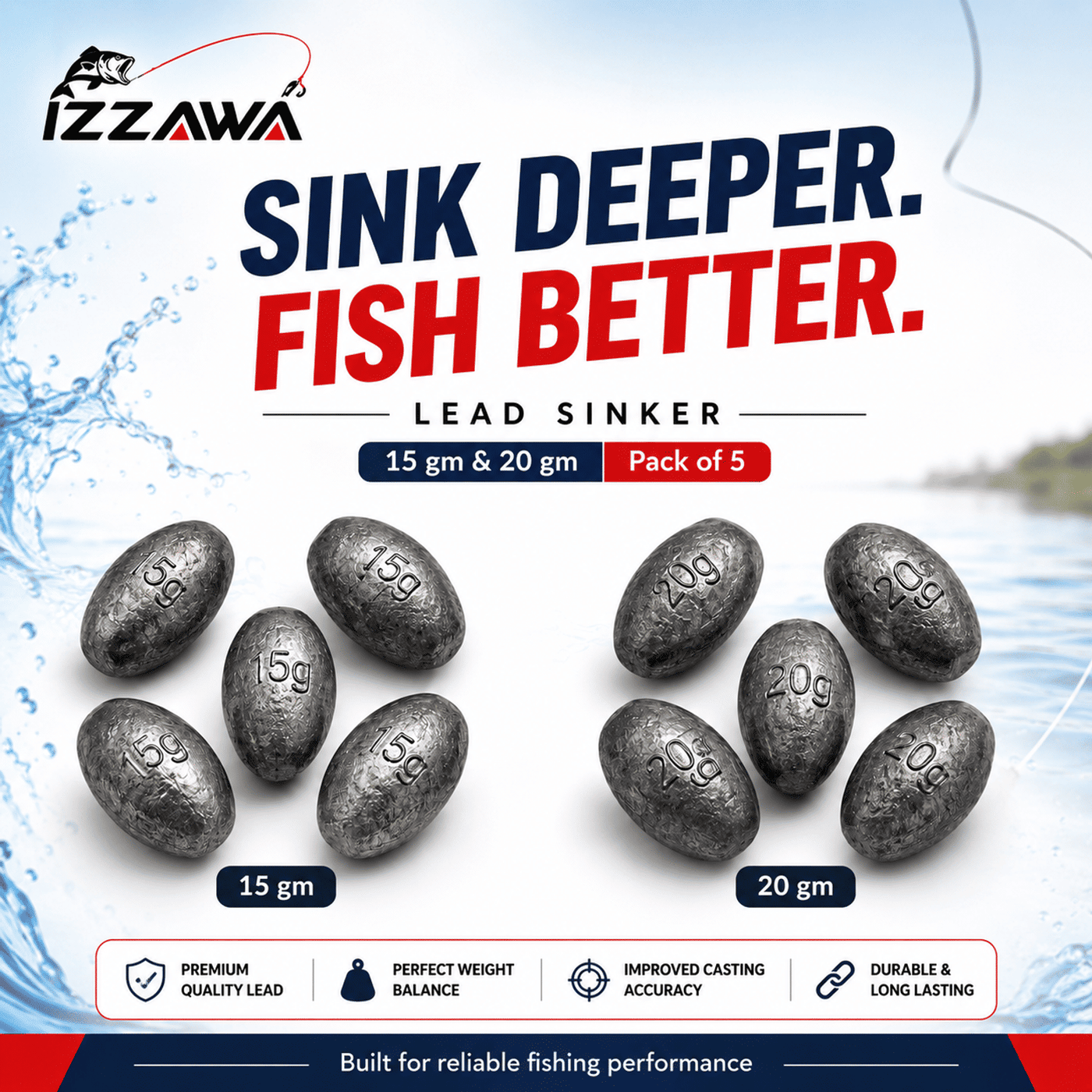 IZZAWA Lead Sinker 1gm, 2gm, 3gm, 4gm, 5gm, 15gm & 20gm | Pack of 5