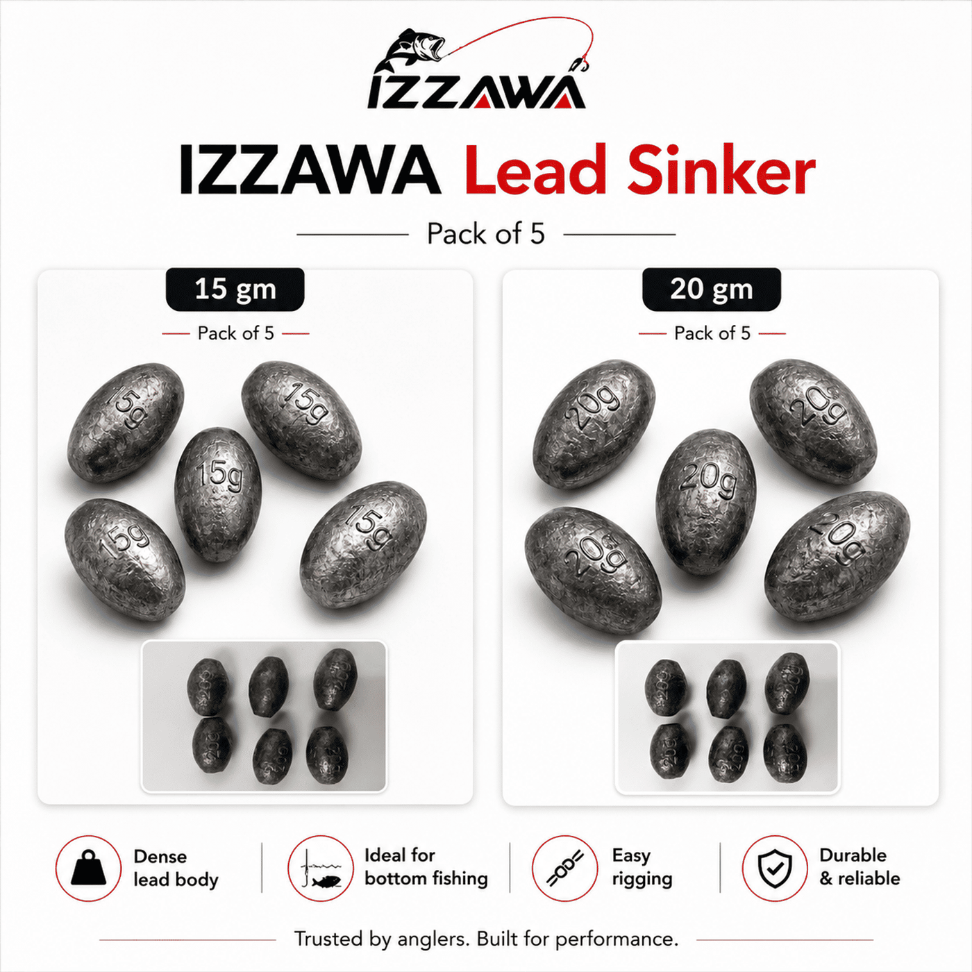 IZZAWA Lead Sinker 1gm, 2gm, 3gm, 4gm, 5gm, 15gm & 20gm | Pack of 5