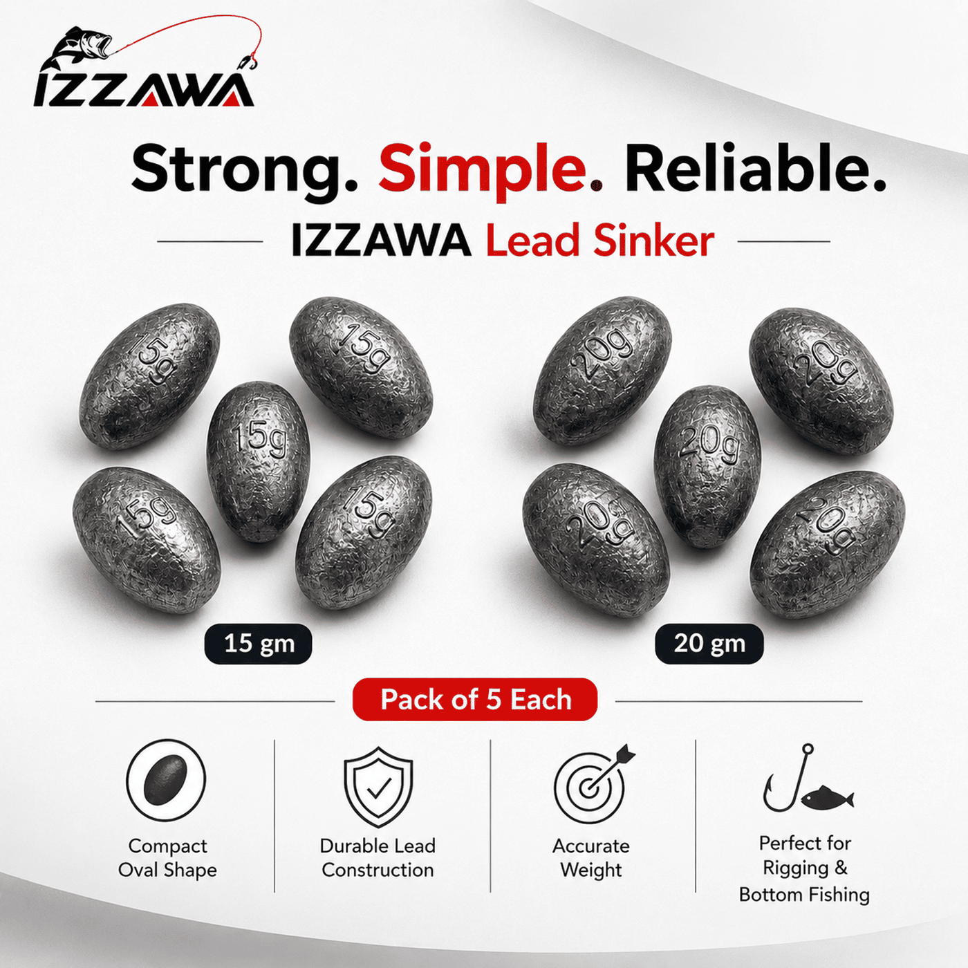 IZZAWA Lead Sinker 1gm, 2gm, 3gm, 4gm, 5gm, 15gm & 20gm | Pack of 5