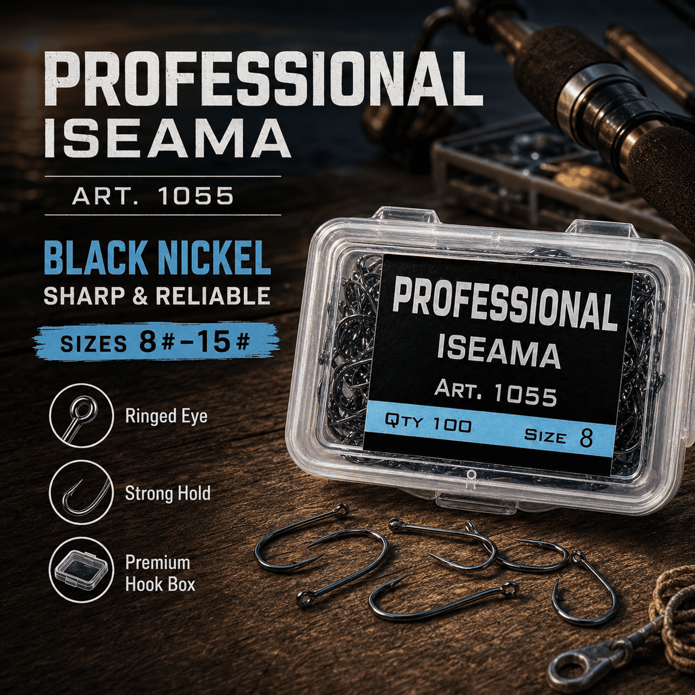 Professional Iseama Art. 1055 Fishing Hooks - Black Nickel Hook Box