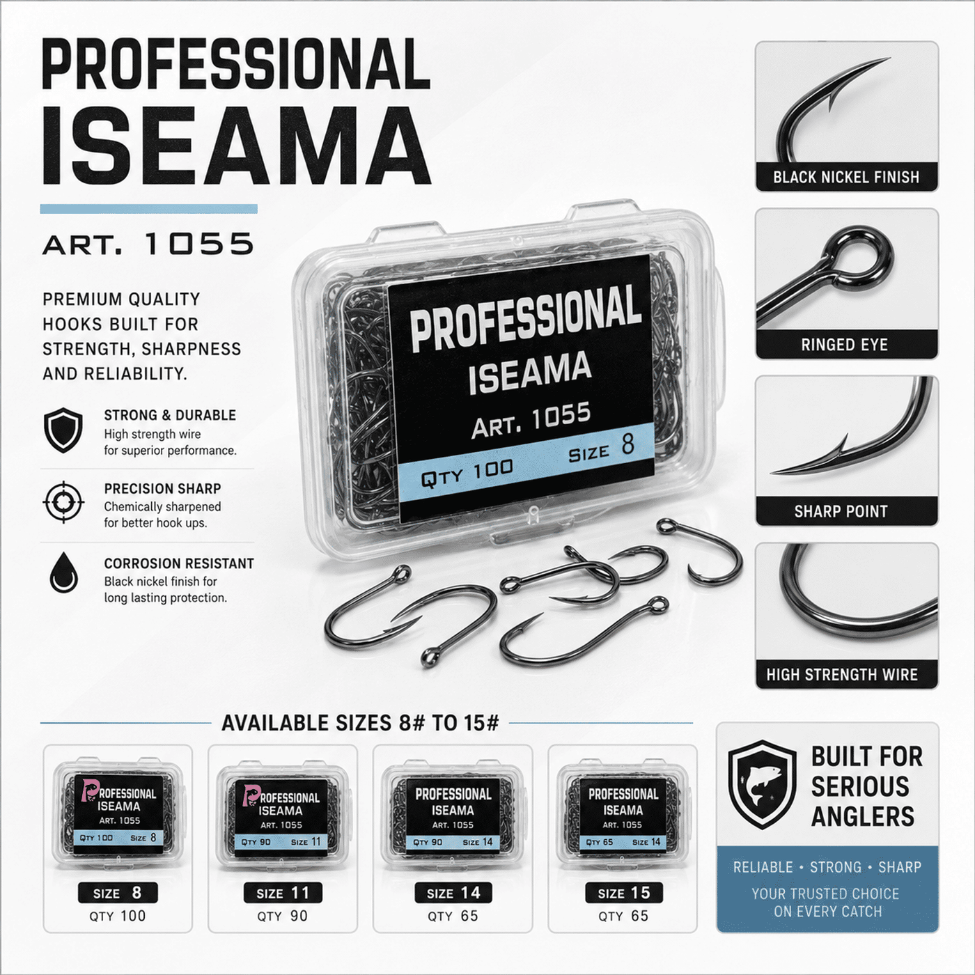 Professional Iseama Art. 1055 Fishing Hooks - Black Nickel Hook Box
