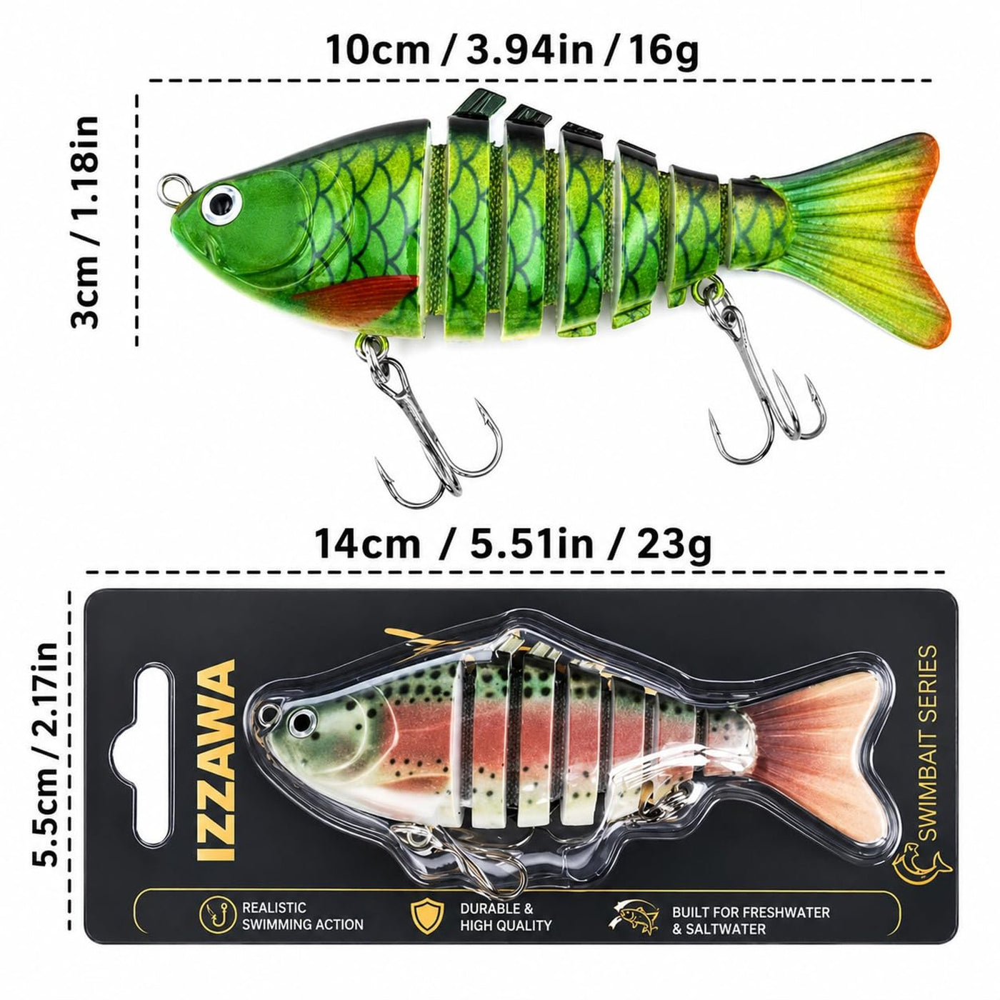 Izzawa Multi-Jointed Swimbait Fishing Lures, Pack of 1, Multi-Color, 16g, for Carp, Snapper, Barramundi, Freshwater and Sea Fishing
