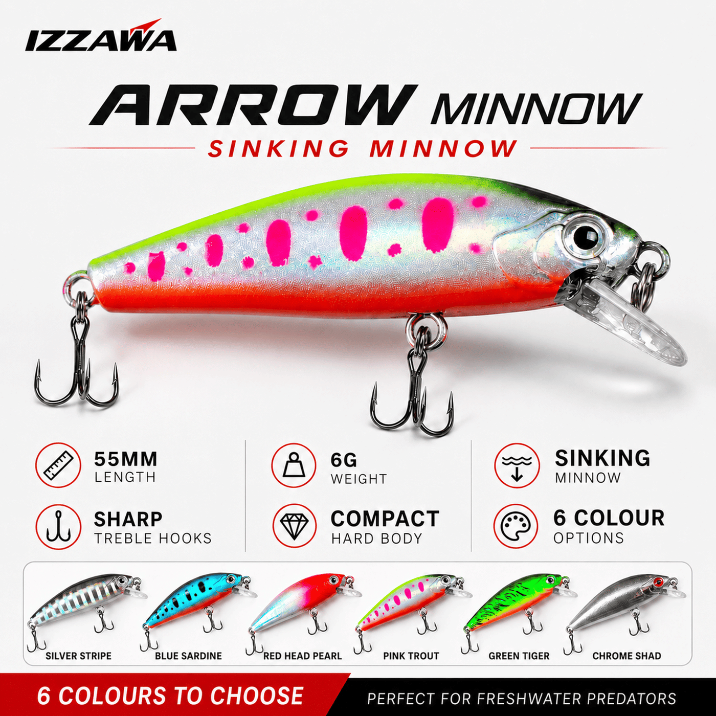 IZZAWA Arrow Minnow Lure 55mm 6g - Chrome Shad | Pack of 1
