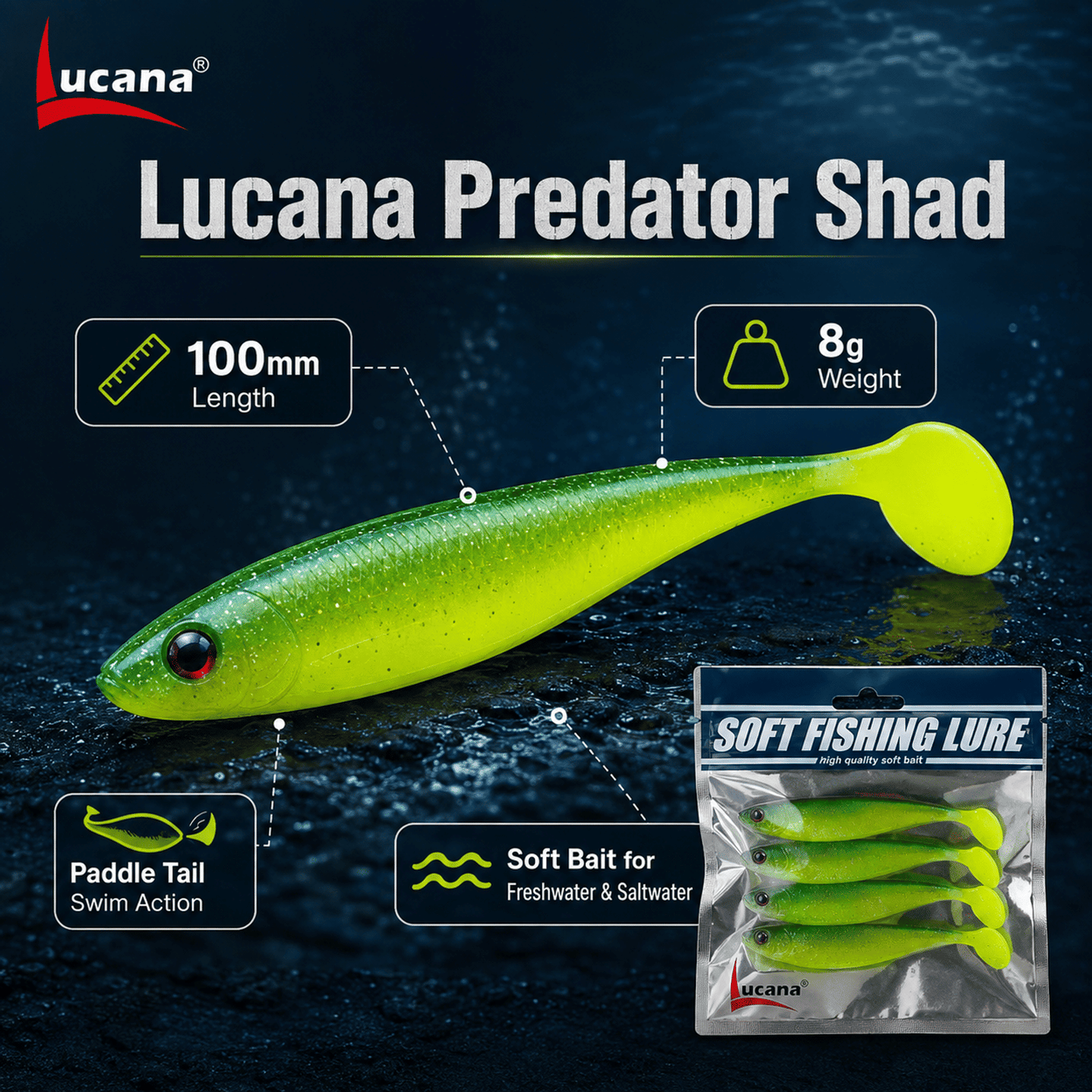 Lucana Predator Shad Soft Bait 100mm 8g - Green - Single Piece