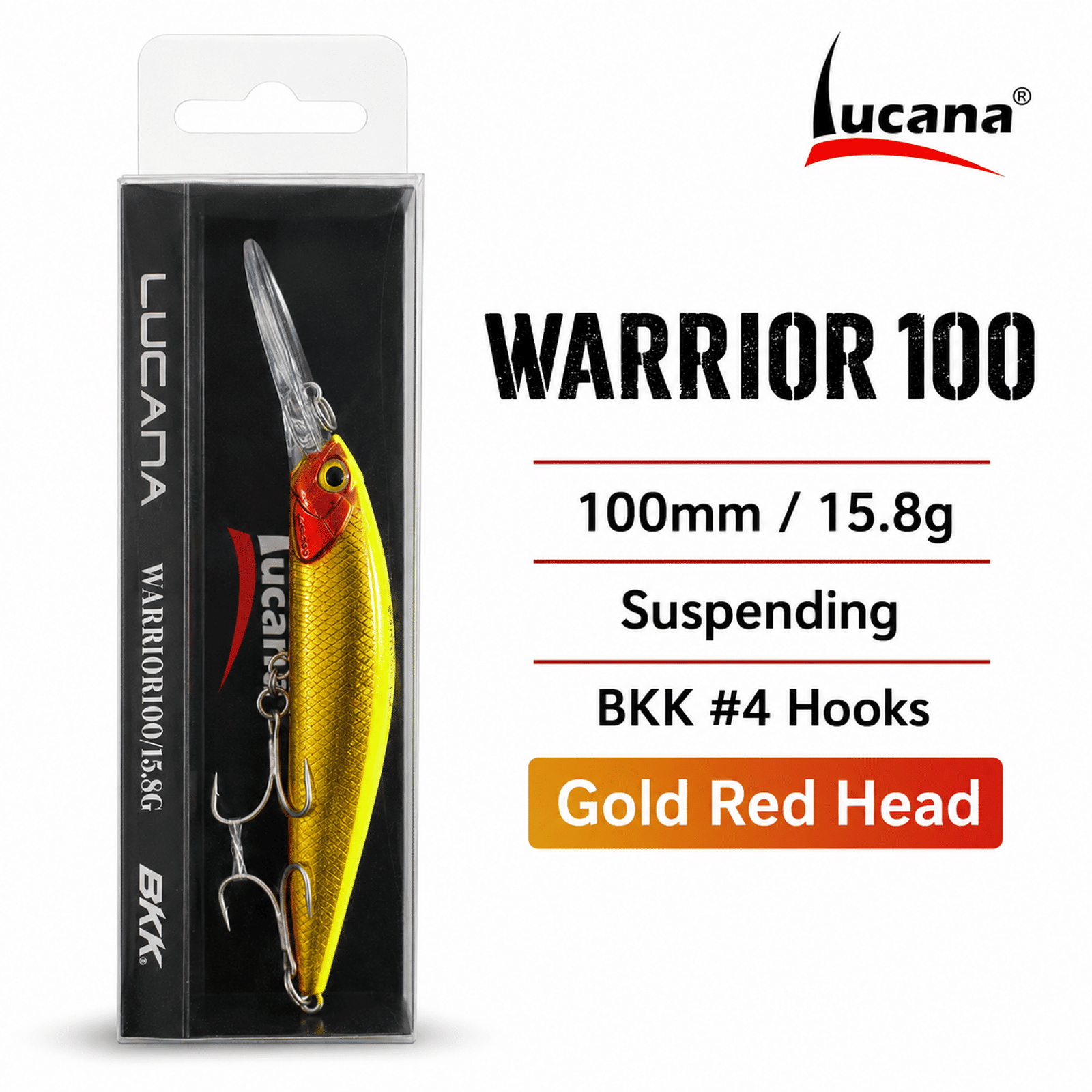Lucana Warrior 100mm 15.8g Suspending Fish Lure - Gold Red Head