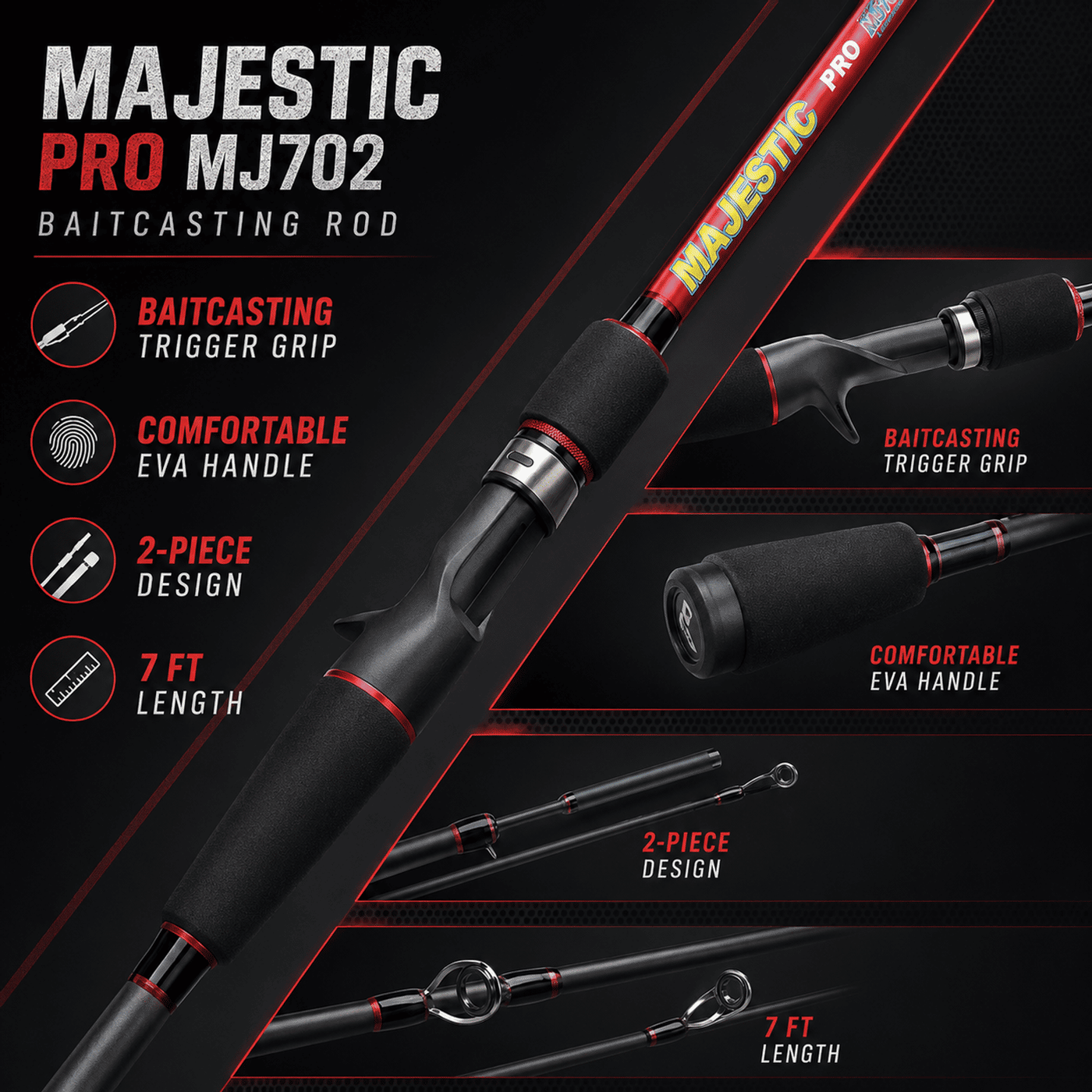 Majestic Pro Lightweight Baitcasting Rod - 7 Ft