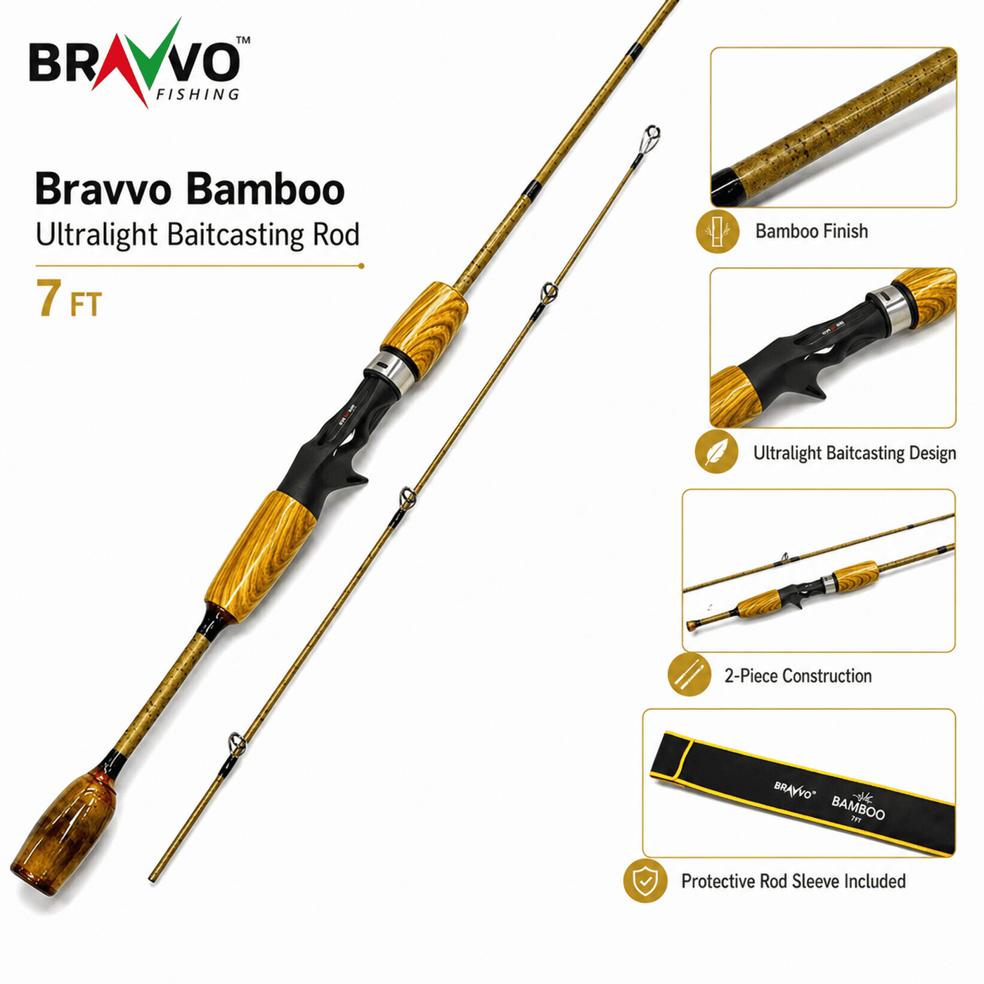 Bravvo Bamboo Ultralight Baitcasting Rod - 6.6 & 7 Ft