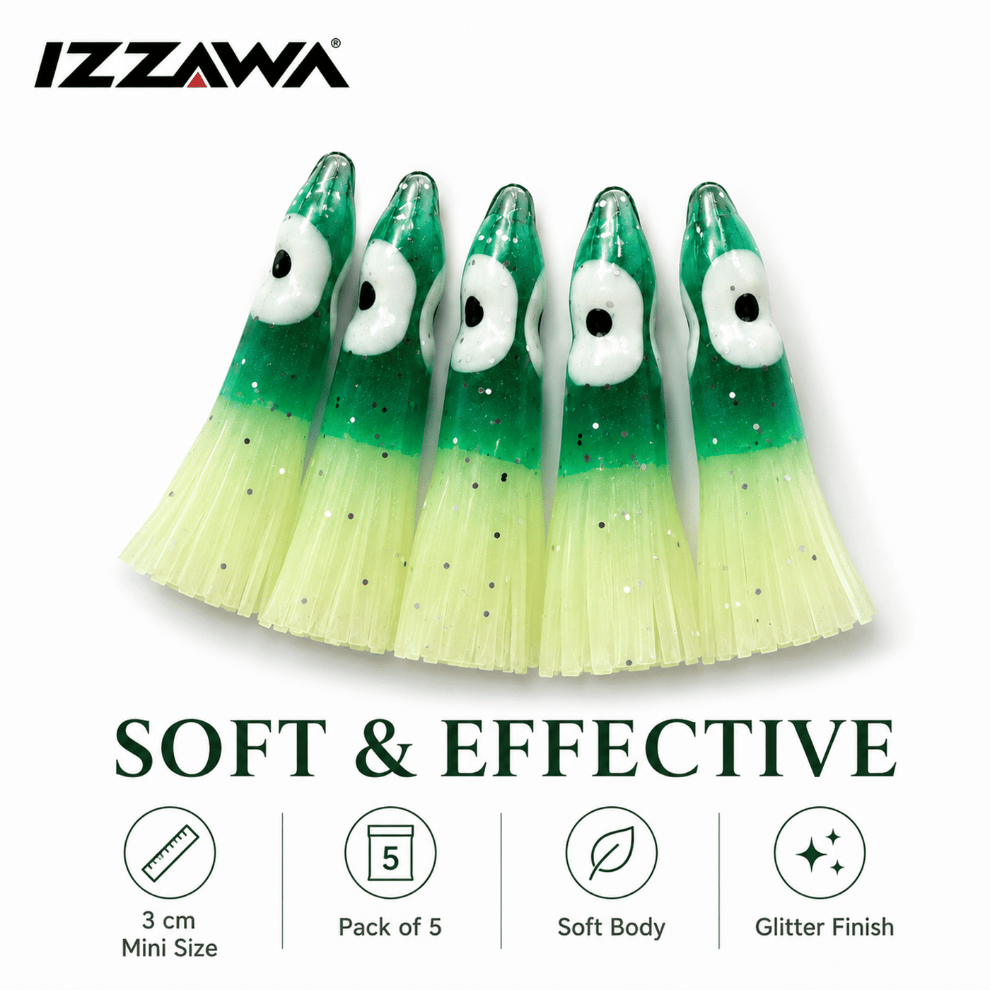 Izzawa Octopus Soft Lure 3cm - Green Glow - Pack of 5