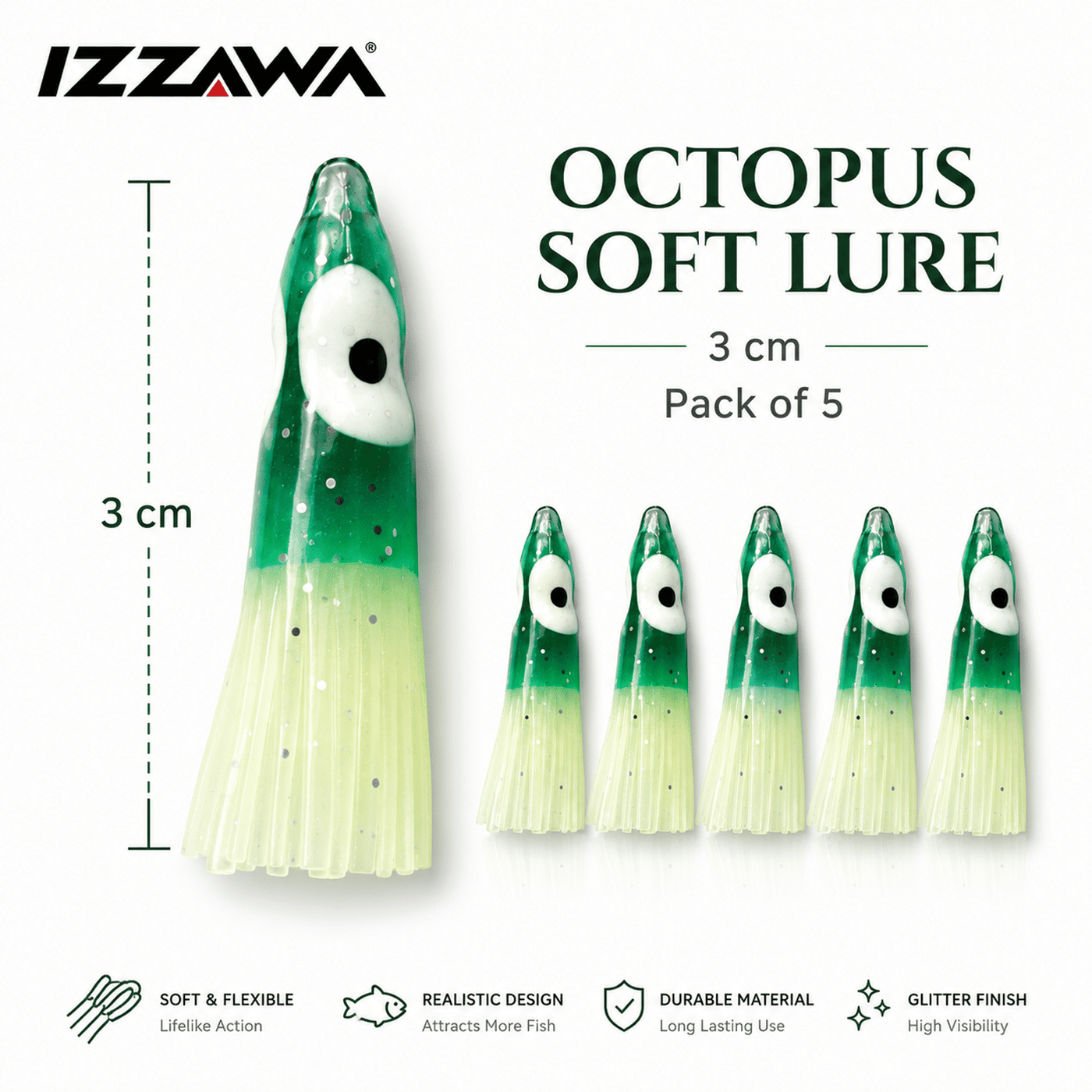 Izzawa Octopus Soft Lure 3cm - Green Glow - Pack of 5