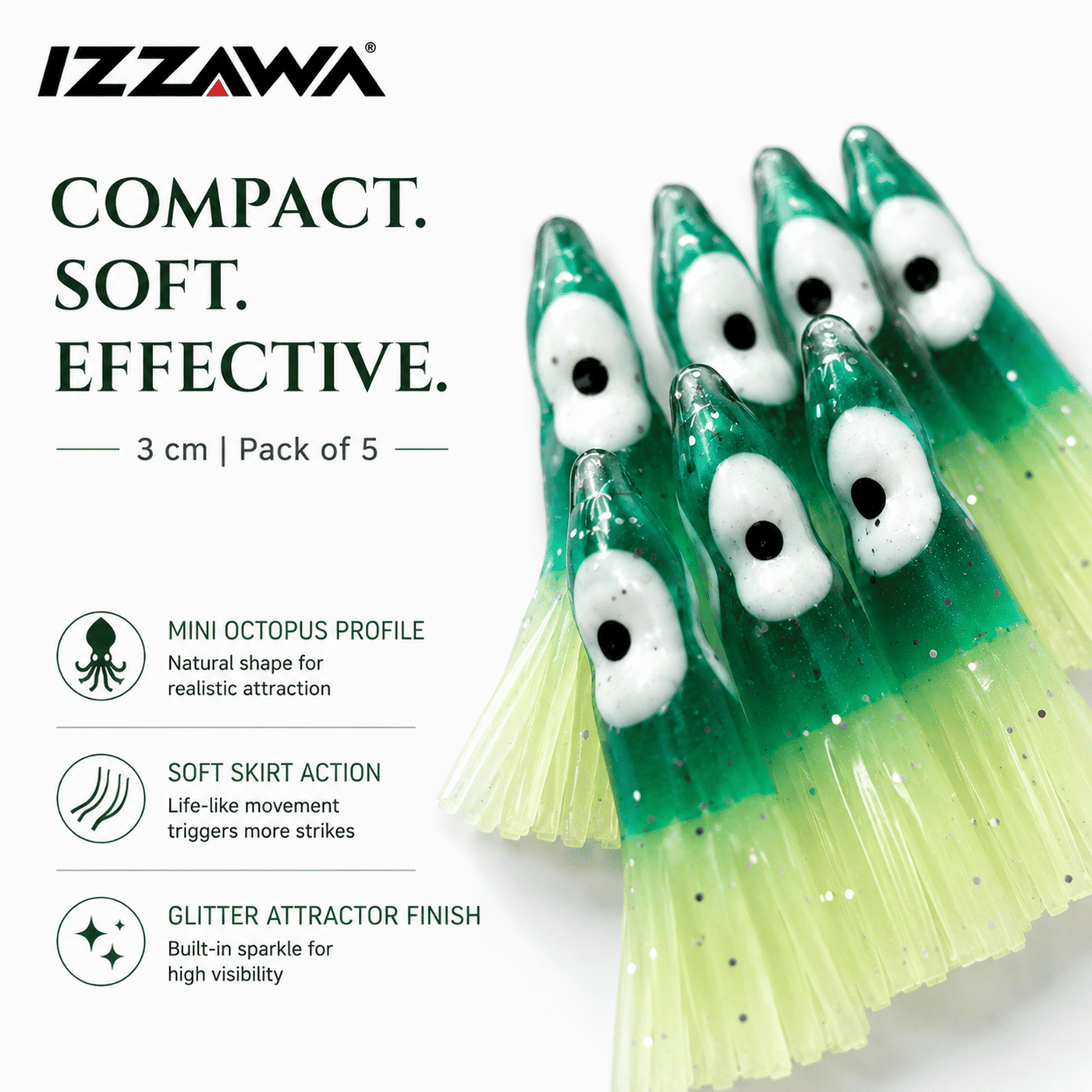 Izzawa Octopus Soft Lure 3cm - Green Glow - Pack of 5