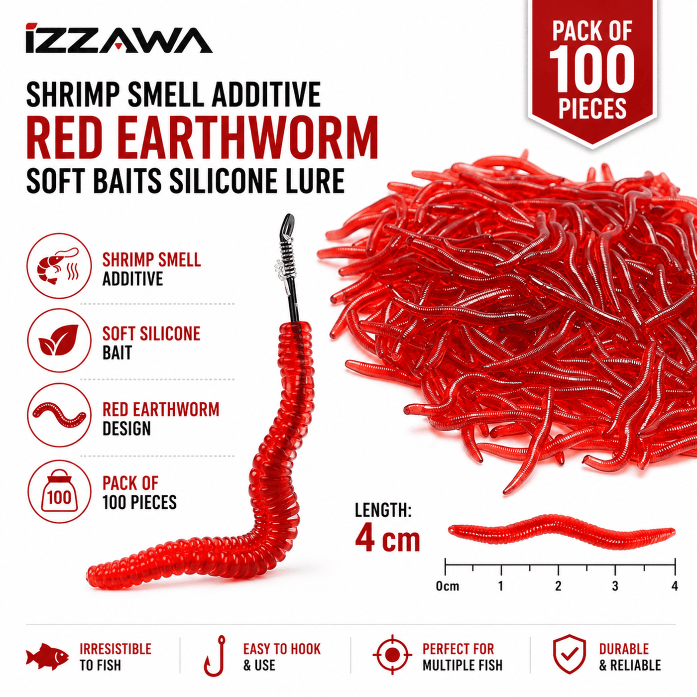 IZZAWA Pack of 100 Shrimp Smell Additive Red Earthworm Soft Baits Silicone Lure