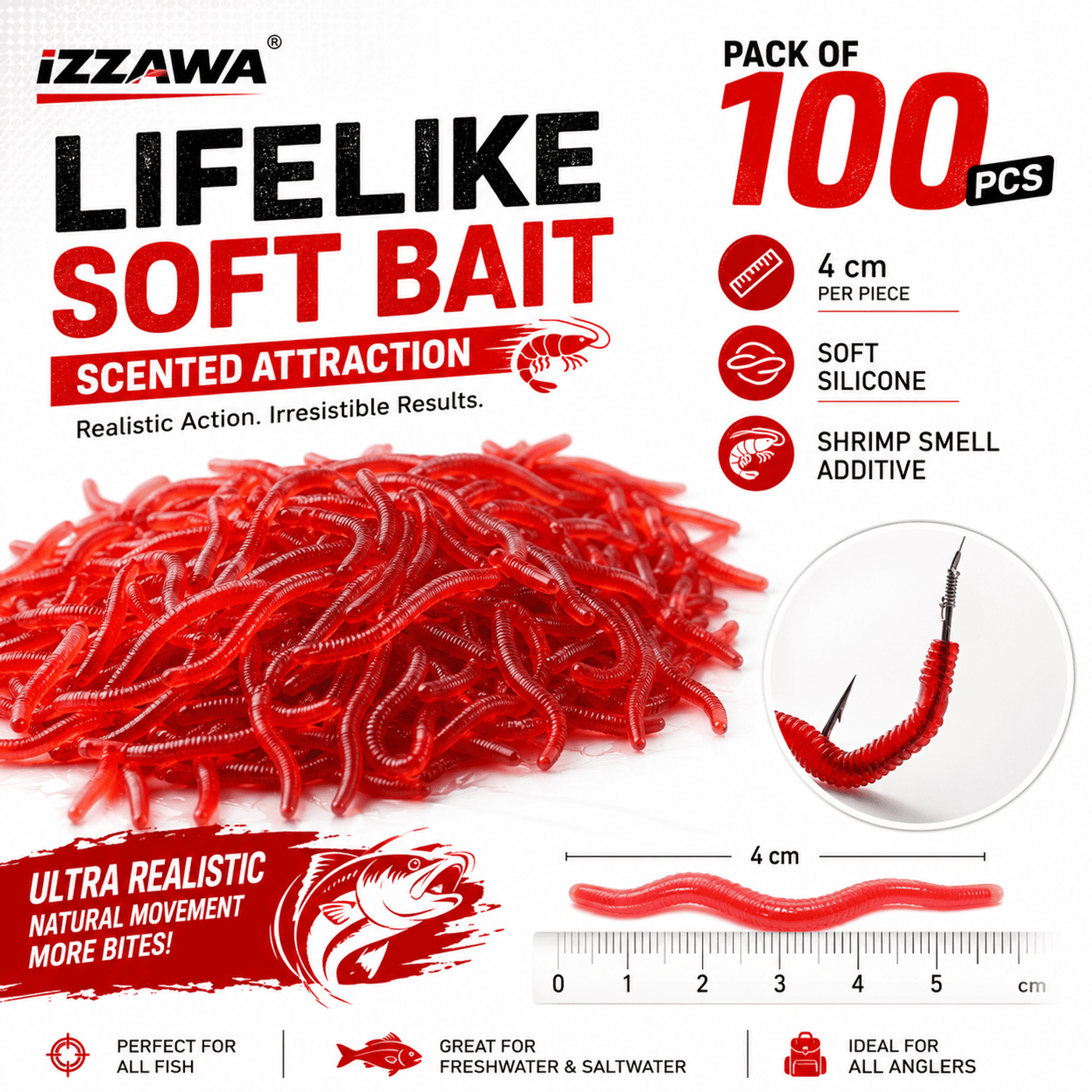 IZZAWA Pack of 100 Shrimp Smell Additive Red Earthworm Soft Baits Silicone Lure