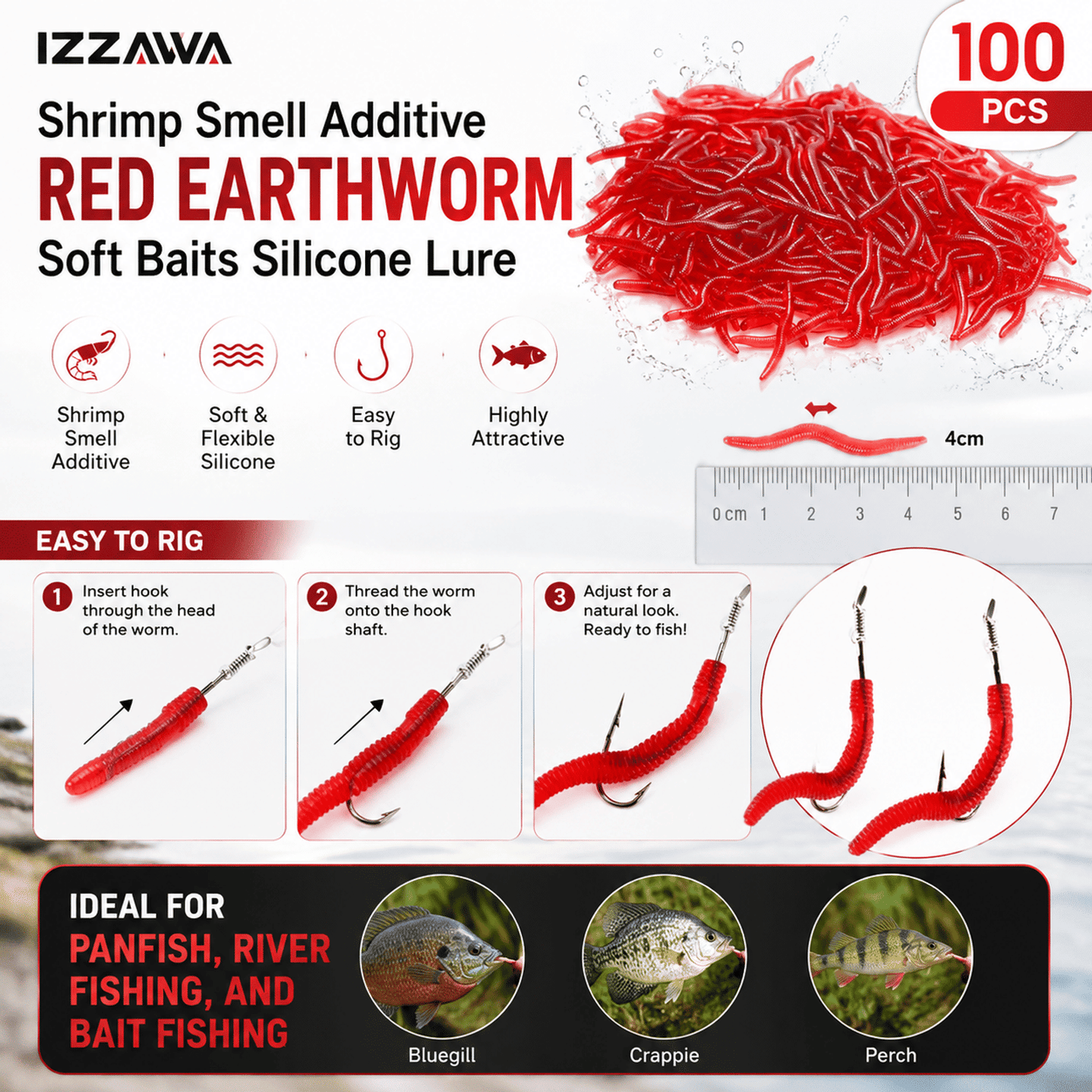 IZZAWA Pack of 100 Shrimp Smell Additive Red Earthworm Soft Baits Silicone Lure