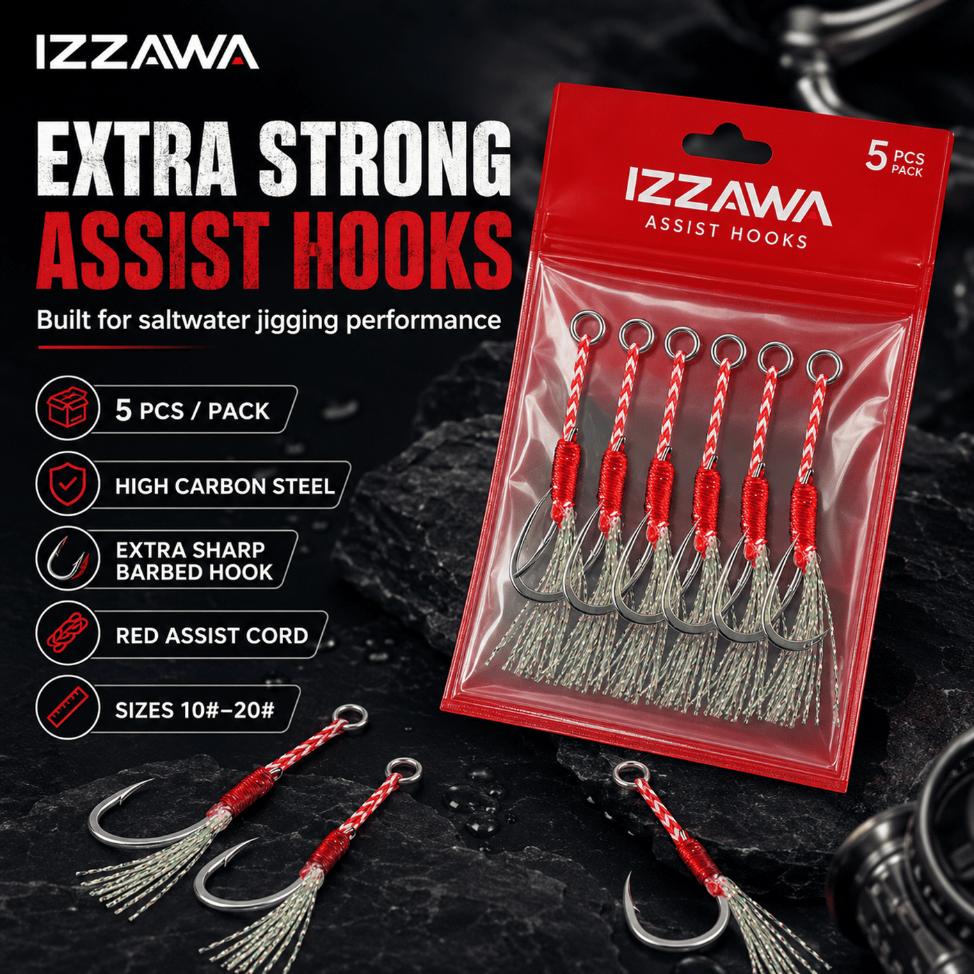 IZZAWA Assist Jig Hooks Pack of 5, High Carbon Steel, Size 20#, Saltwater Jigging Hook