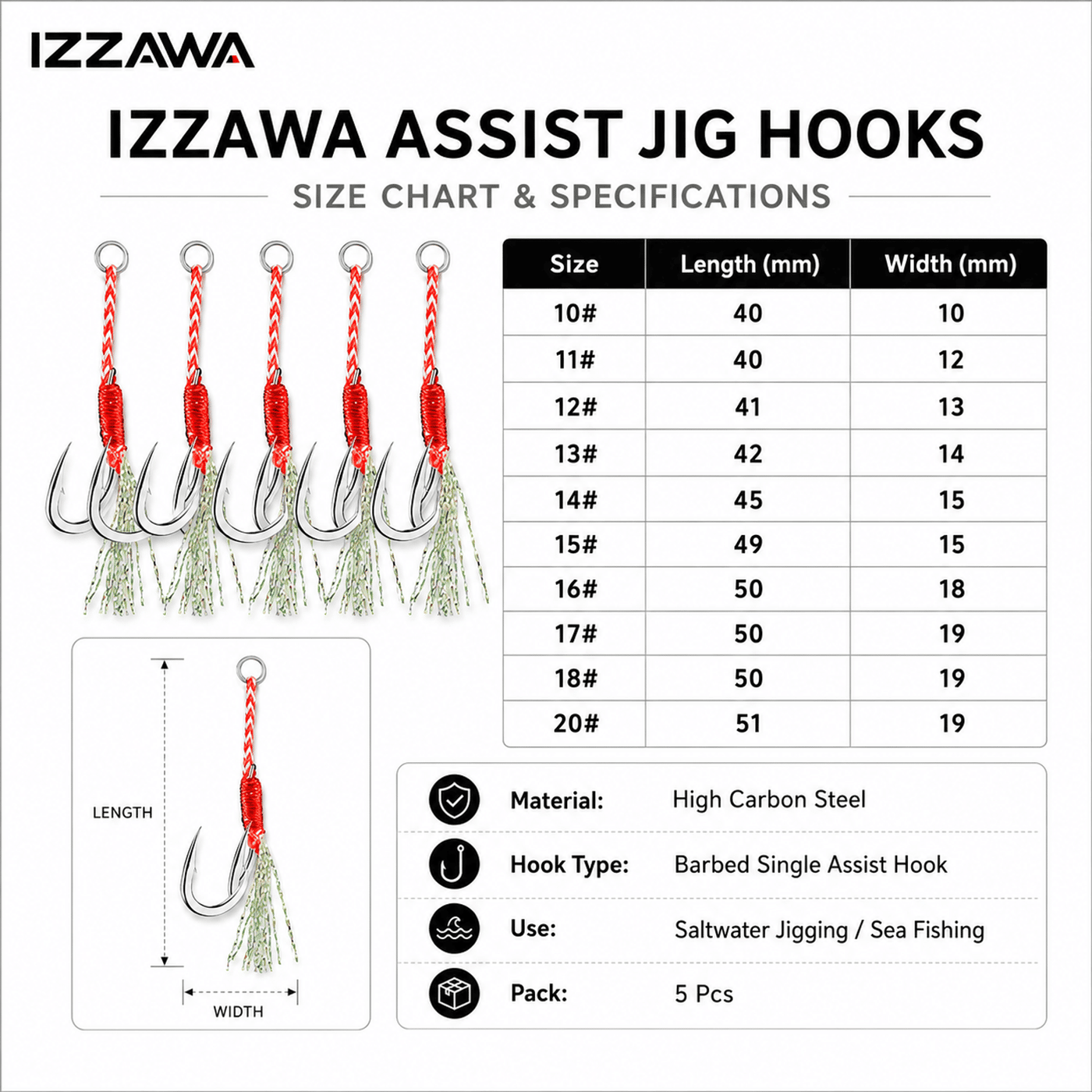 IZZAWA Assist Jig Hooks Pack of 5, High Carbon Steel, Size 20#, Saltwater Jigging Hook