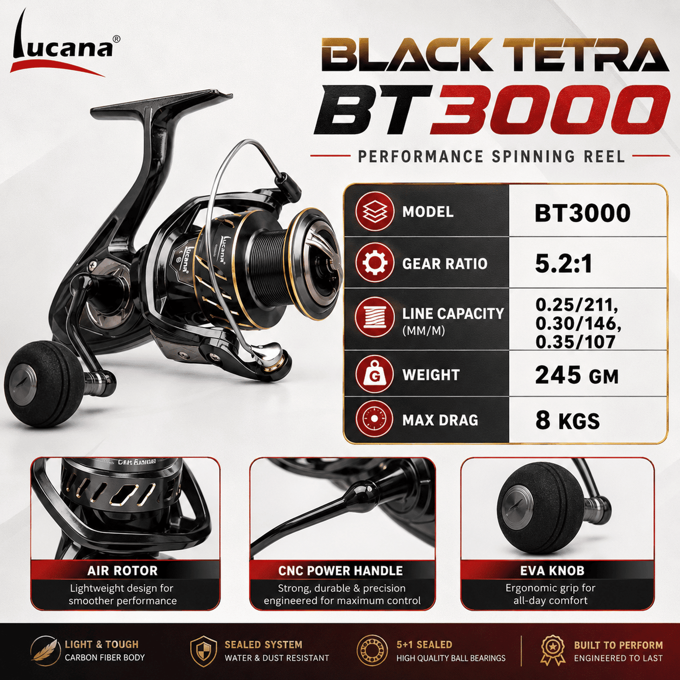 Lucana Black Tetra BT2000-BT6000 Spinning Reel