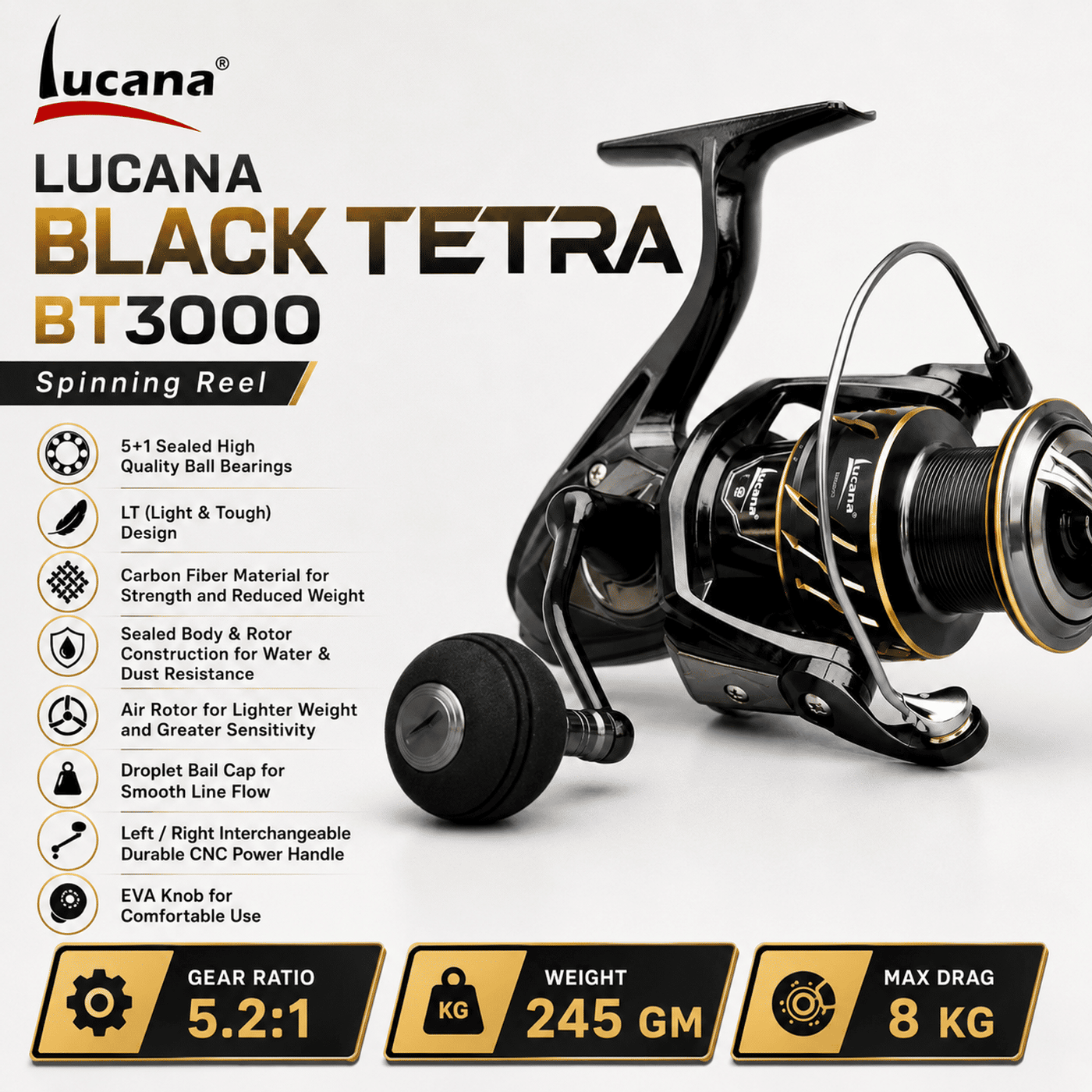 Lucana Black Tetra BT2000-BT6000 Spinning Reel