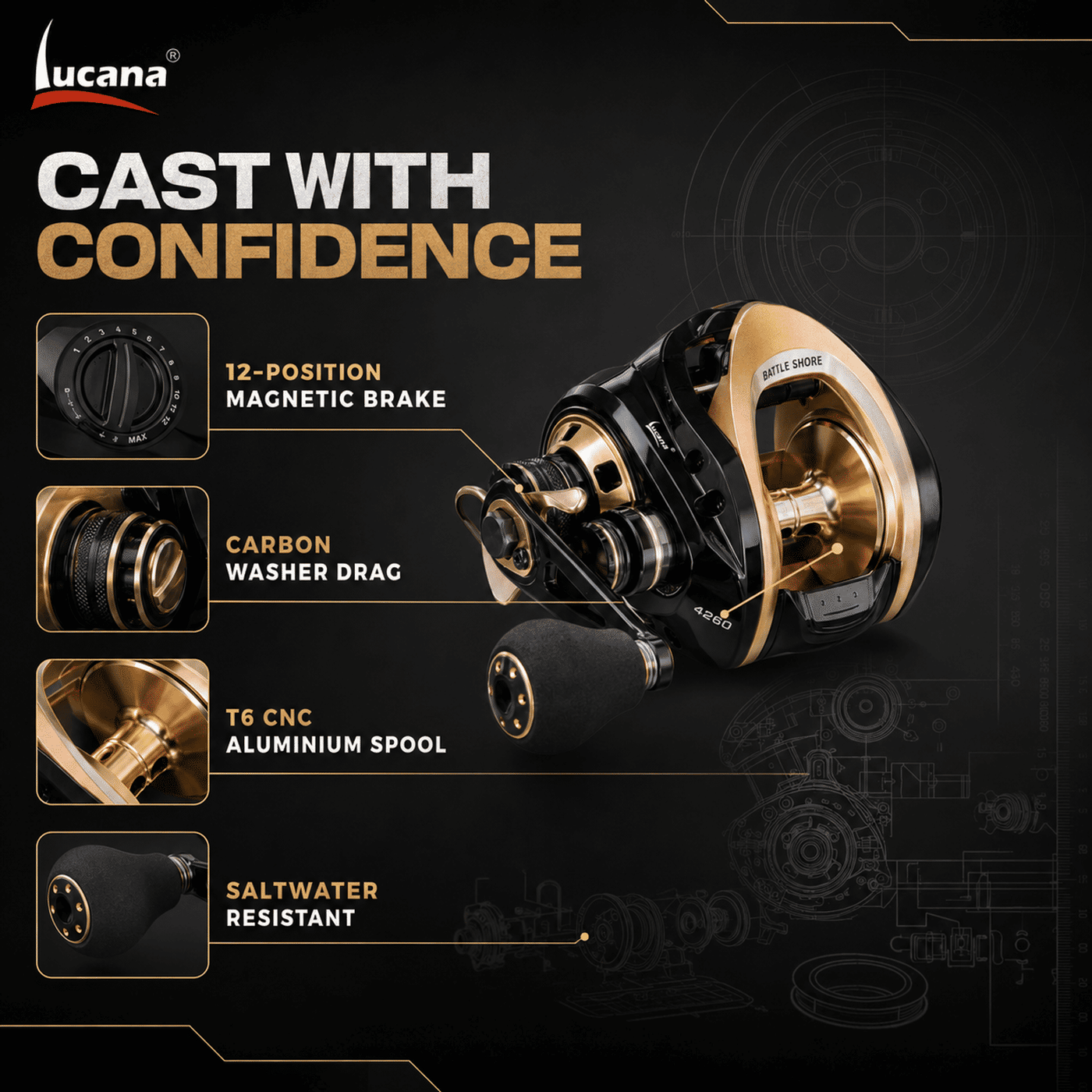Lucana Battle Shore Baitcasting Reel | 6.3:1 Gear Ratio | 12kg Drag