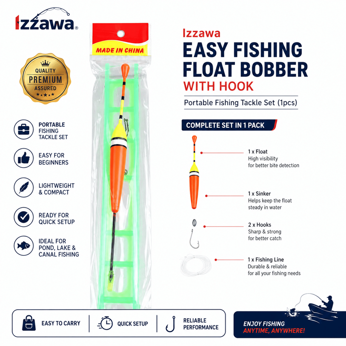 IZZAWA Easy Fishing Float Bobber with Hook Portable Fishing Tackle Set - Pack of 2