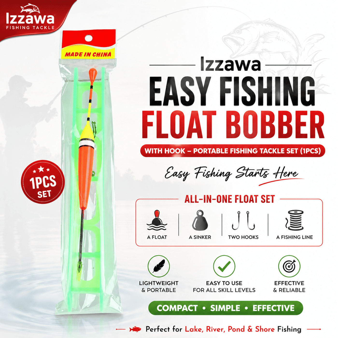 IZZAWA Easy Fishing Float Bobber with Hook Portable Fishing Tackle Set - Pack of 2