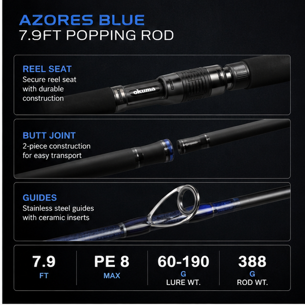 Okuma Azores popping rod reel seat, butt joint and guide details