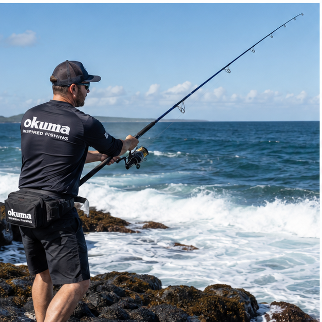 Okuma Azores Blue popping rod used from a rocky saltwater shore