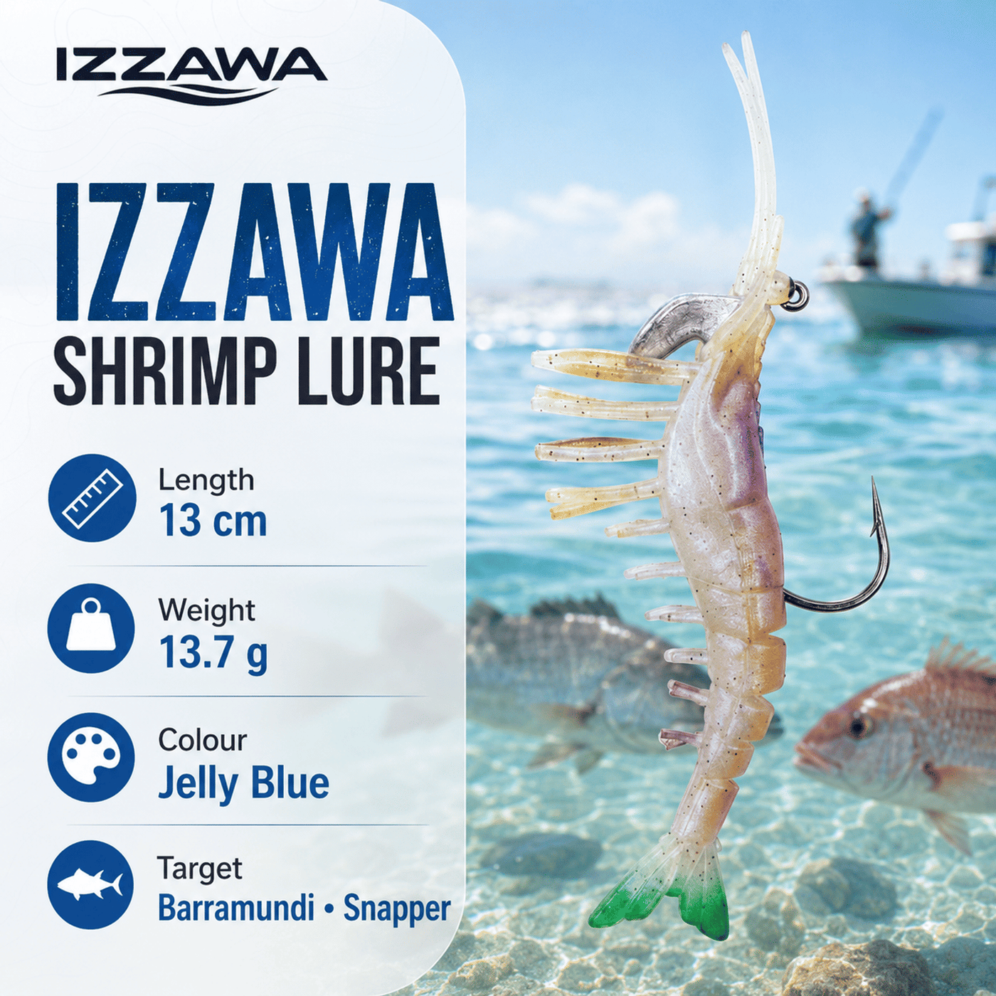 IZZAWA Shrimp Lure 13cm 13.7g Jelly Blue – Barramundi Snapper GT Hamoor Bait