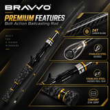 Bravvo Bolt Action 24T carbon baitcasting rod with stainless steel guides, stainless steel hooded reel seat and camouflage-pattern handle close-ups