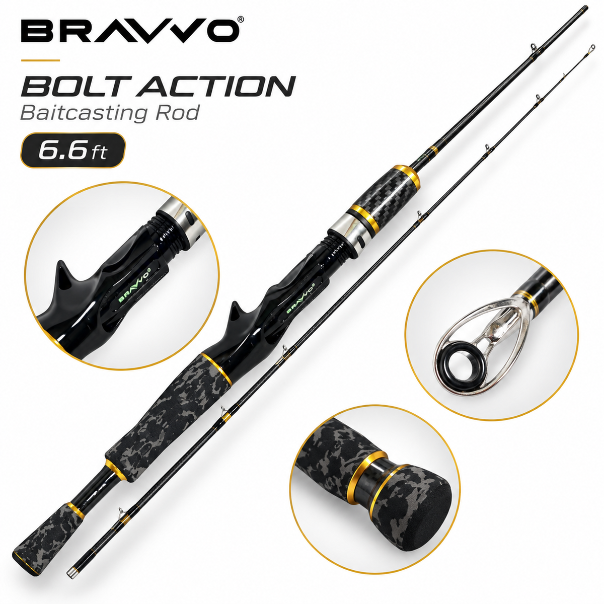 Bravvo Bolt Action 6 ft 6 in baitcasting rod on white with Bravvo branding, black and gold detailing, camouflage-pattern grips and component close-ups