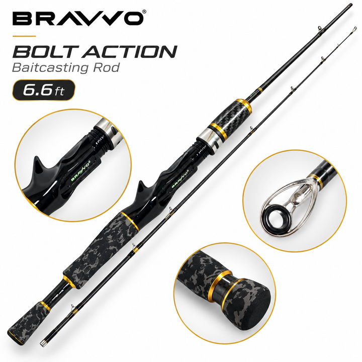Bravvo Bolt Action 6 ft 6 in baitcasting rod on white with Bravvo branding, black and gold detailing, camouflage-pattern grips and component close-ups