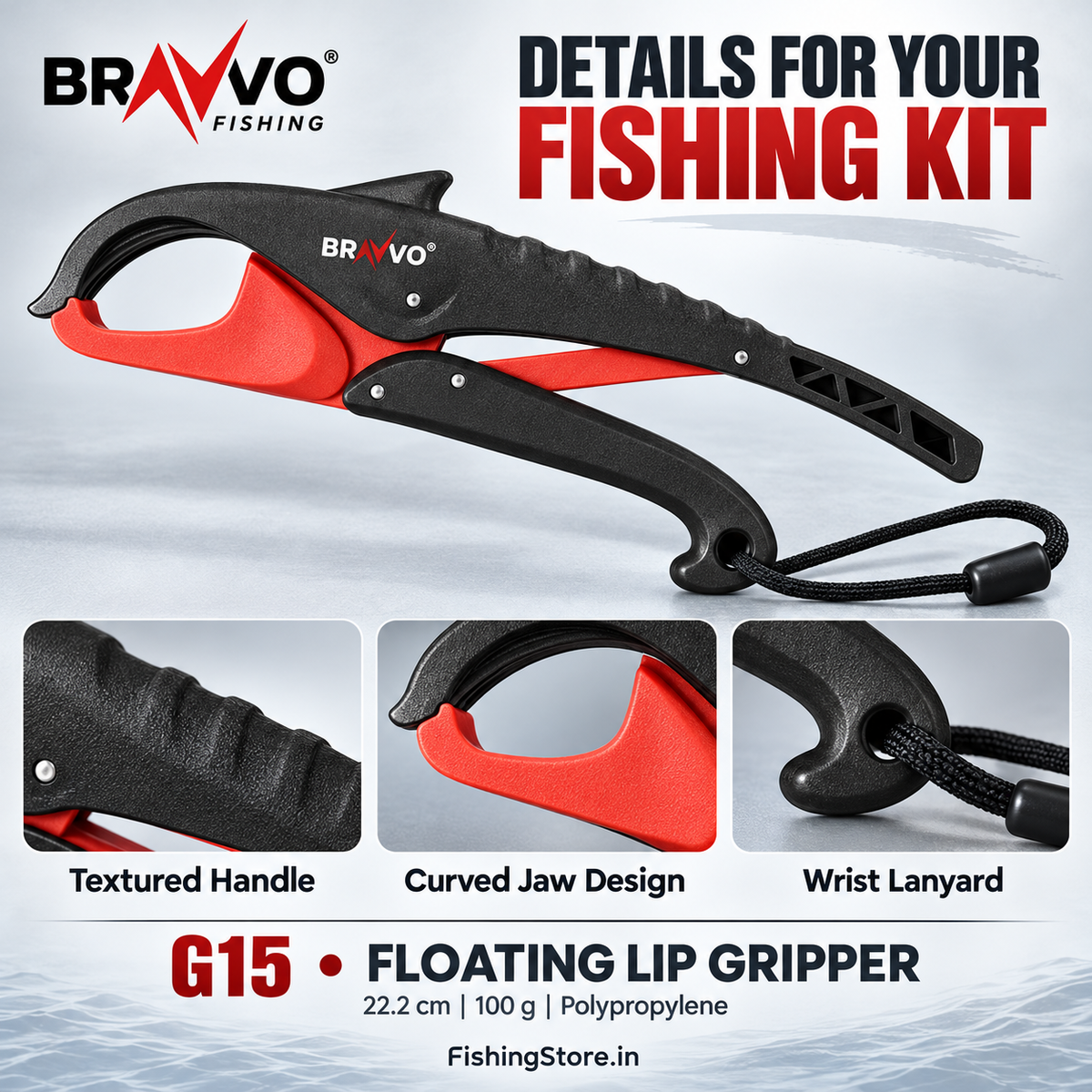 Bravvo G15 textured handle, curved jaw and wrist lanyard details