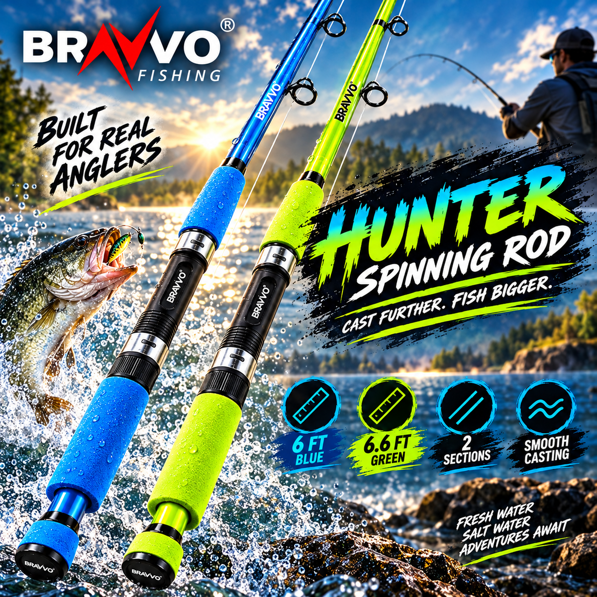 Bravvo Hunter spinning rod promotional fishing image.