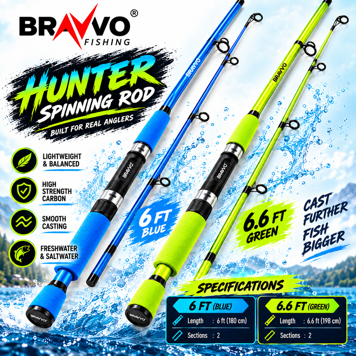 Bravvo Hunter spinning rod 6 ft Blue and 6.6 ft Green variants.