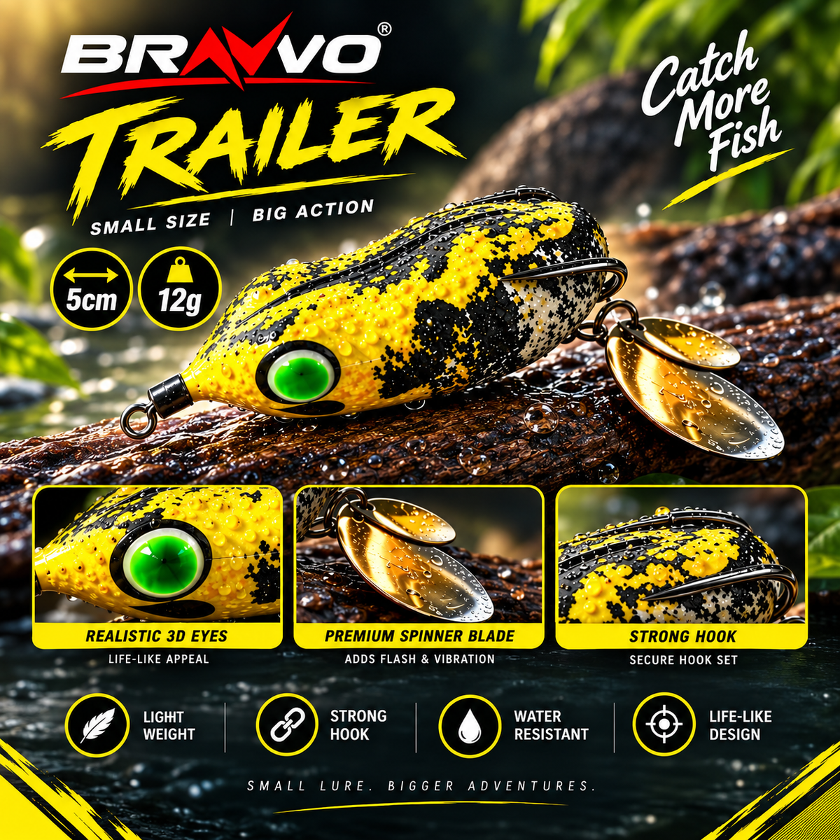 Bravvo Trailer frog lure features and 5 cm 12 g specifications.