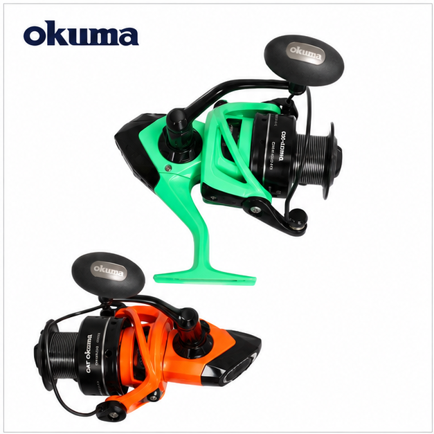 Okuma Cat Slayer Custom baitfeeder reels in neon green and orange on white background