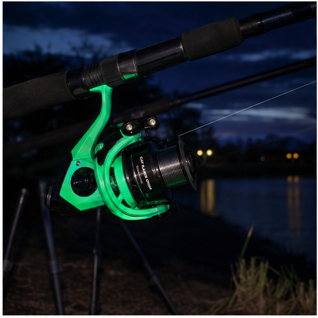 Okuma Cat Slayer 6000 reel mounted for night bank fishing