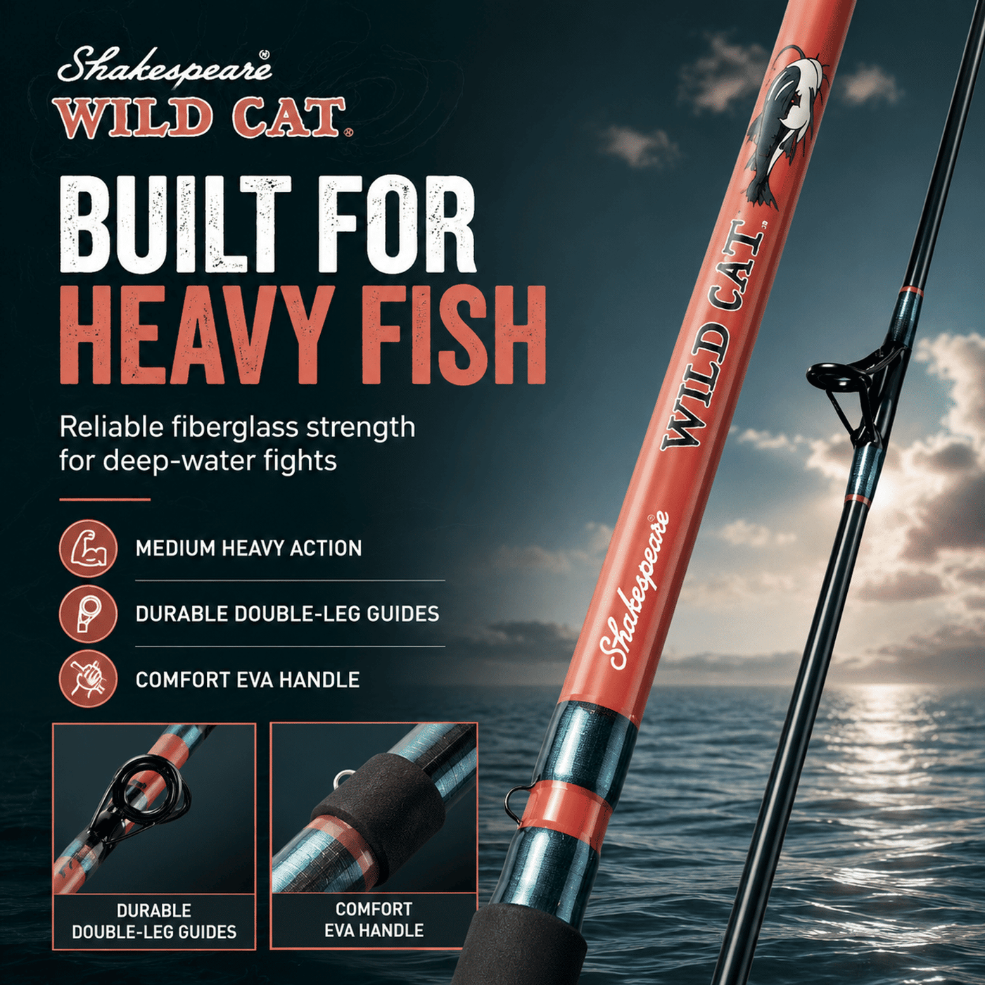 Shakespeare WILD CAT Spinning Fishing Rod 9 Ft Medium Heavy – Heavy Duty Fiberglass Rod