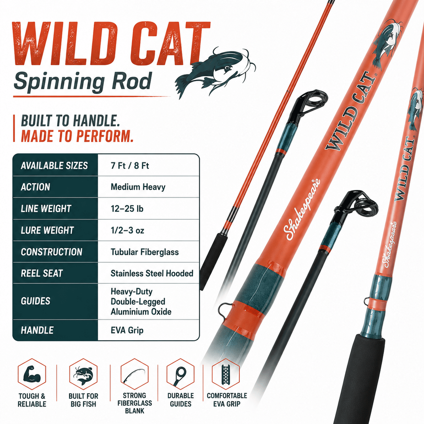 Shakespeare WILD CAT Spinning Fishing Rod 9 Ft Medium Heavy – Heavy Duty Fiberglass Rod