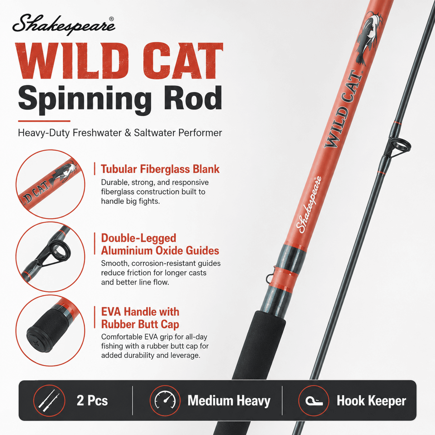 Shakespeare WILD CAT Spinning Fishing Rod 9 Ft Medium Heavy – Heavy Duty Fiberglass Rod