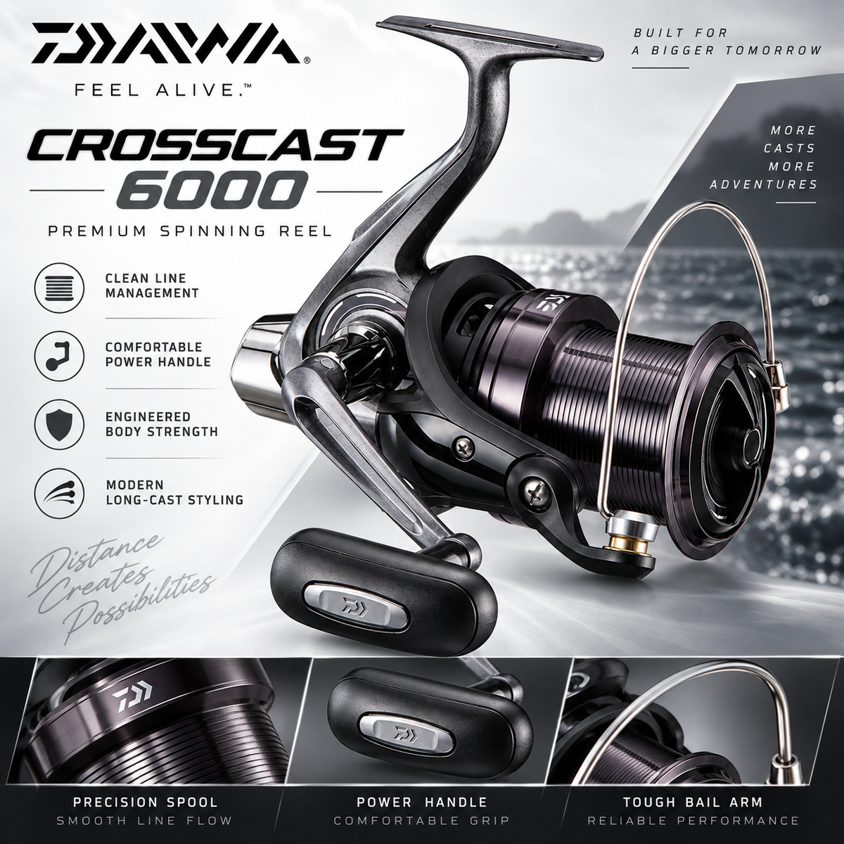 Daiwa Crosscast 6000 premium spinning reel promotional image.