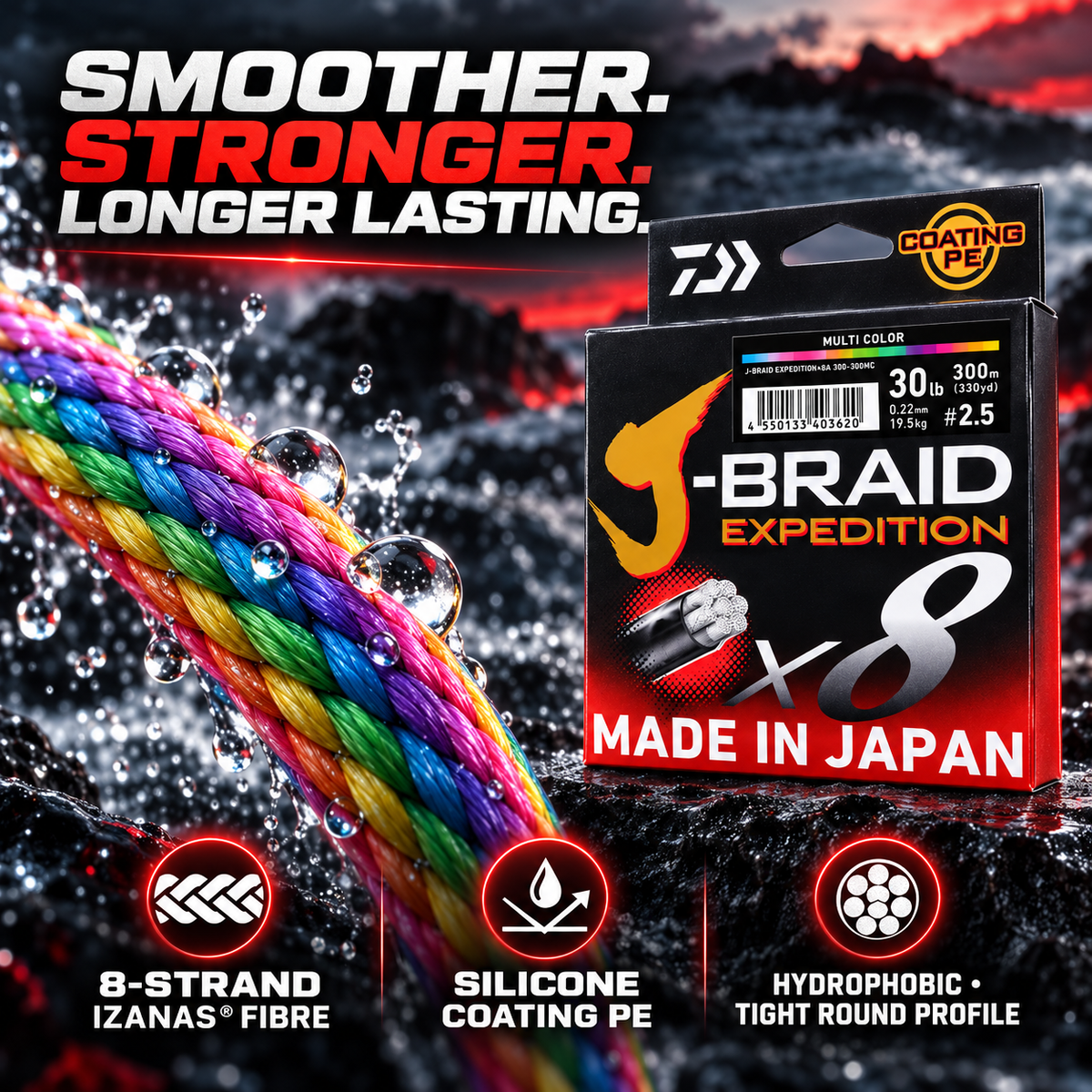 Daiwa J-Braid Expedition X8 hydrophobic 8 strand features